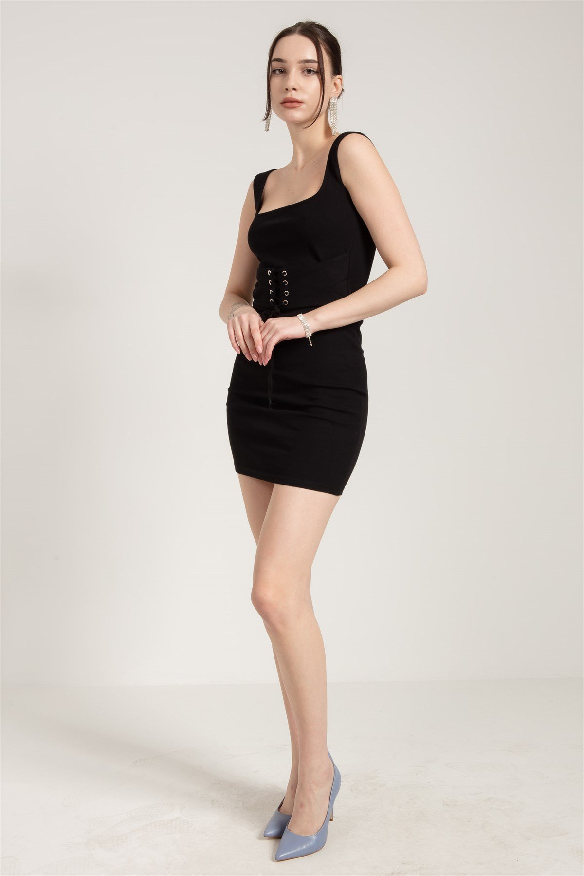 Sleeveless Midi Dress in Black with Corset Detail