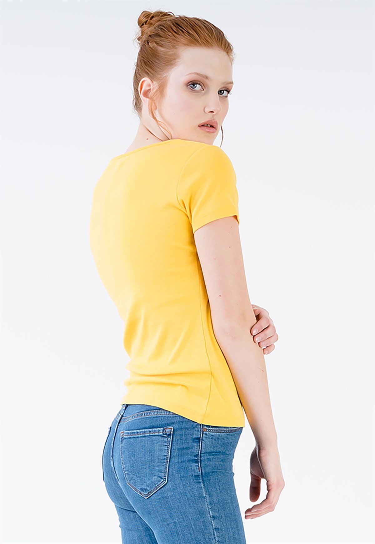 Basic Bisiklet Yaka Sarı Kadın T-shirt