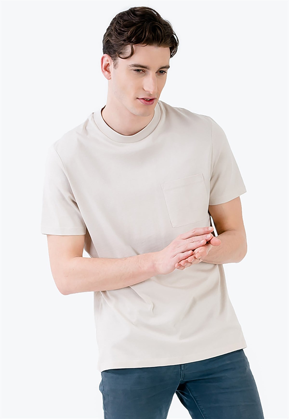 Plain T-shirt in Beige with Chest Pocket