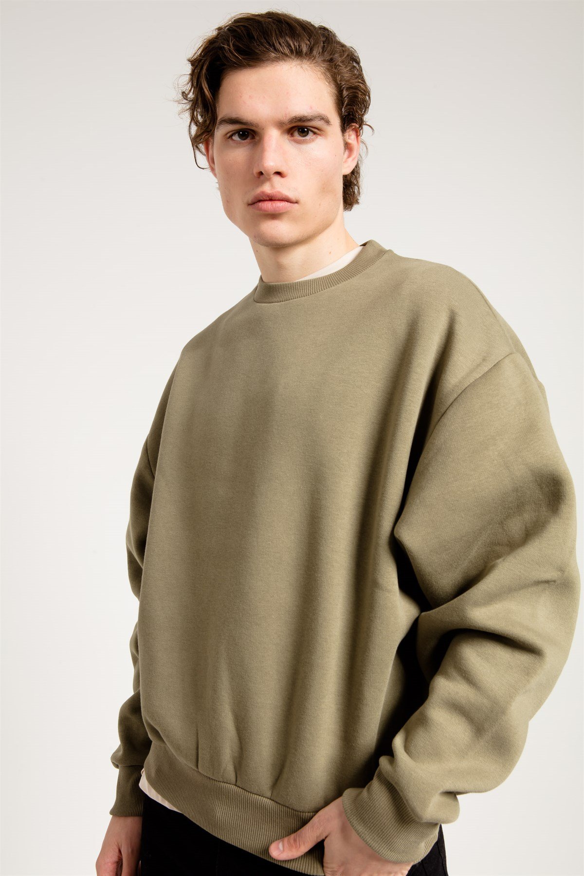 Basic Oversize Haki Erkek Sweatshirt