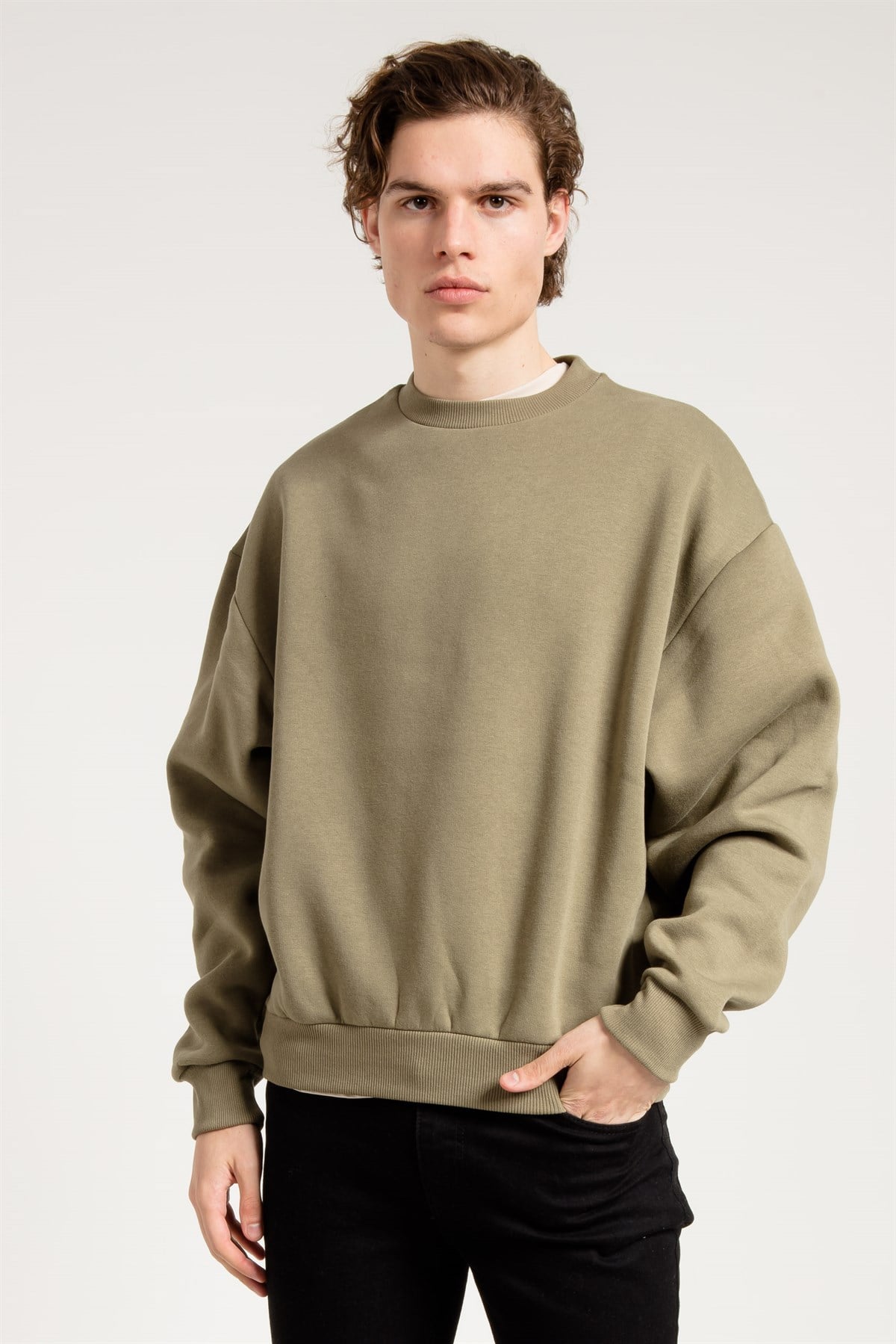 Basic Oversize Haki Erkek Sweatshirt
