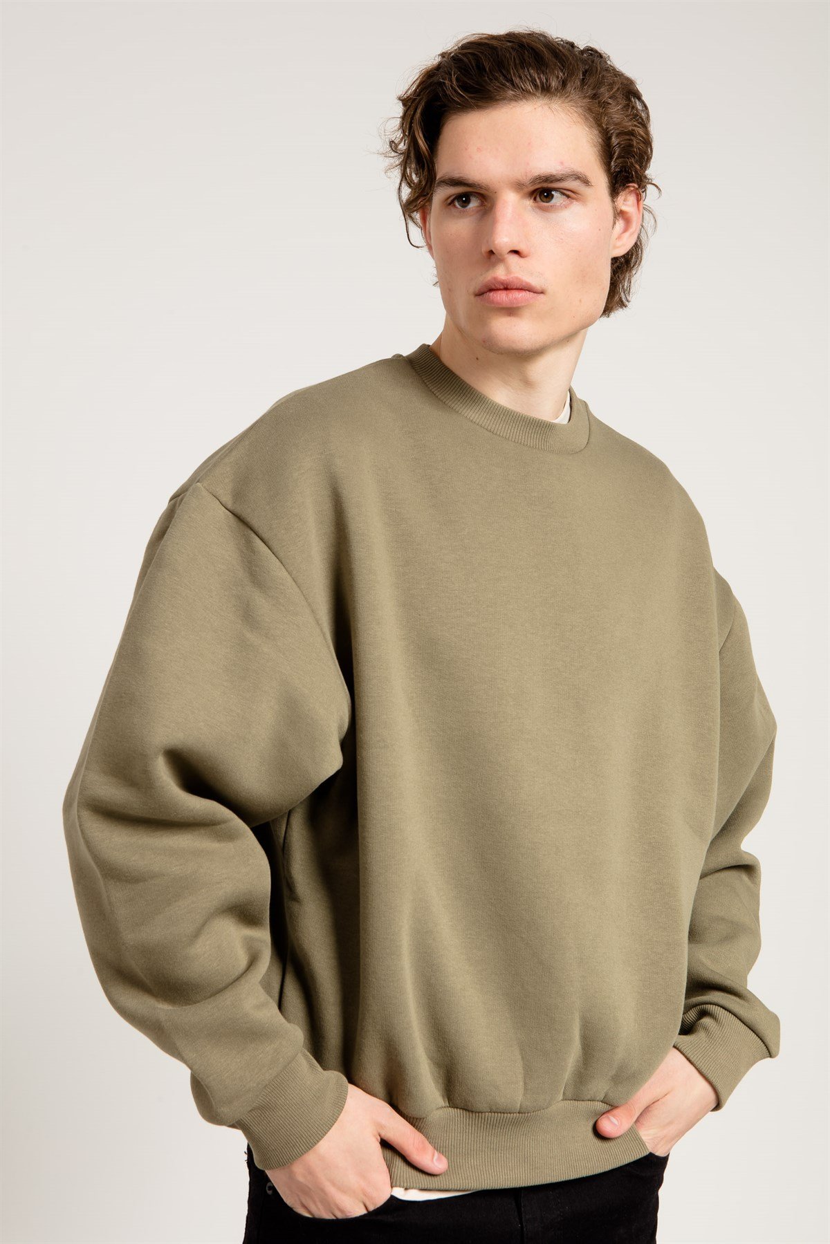 Basic Oversize Haki Erkek Sweatshirt
