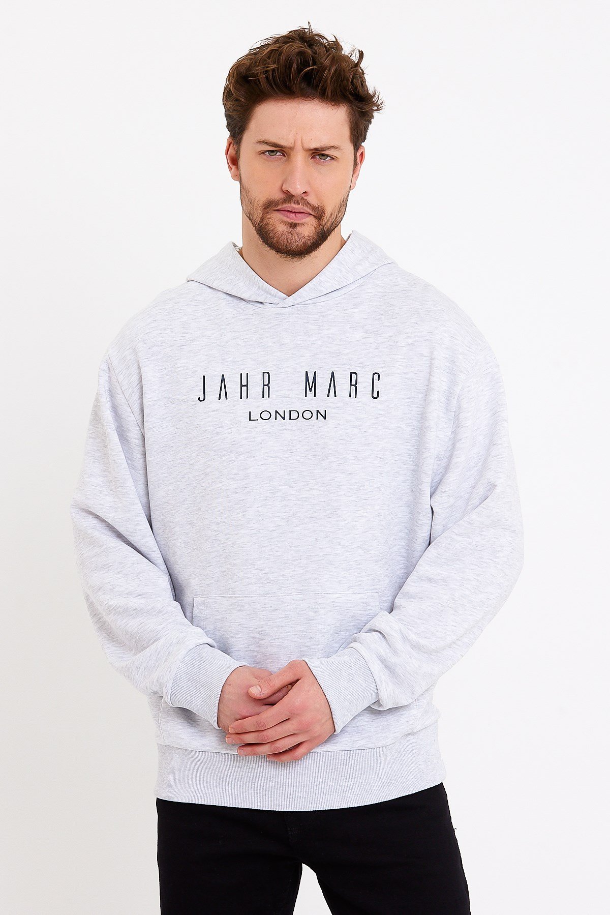 Baskılı Gri Kapüşonlu Oversize Sweatshirt