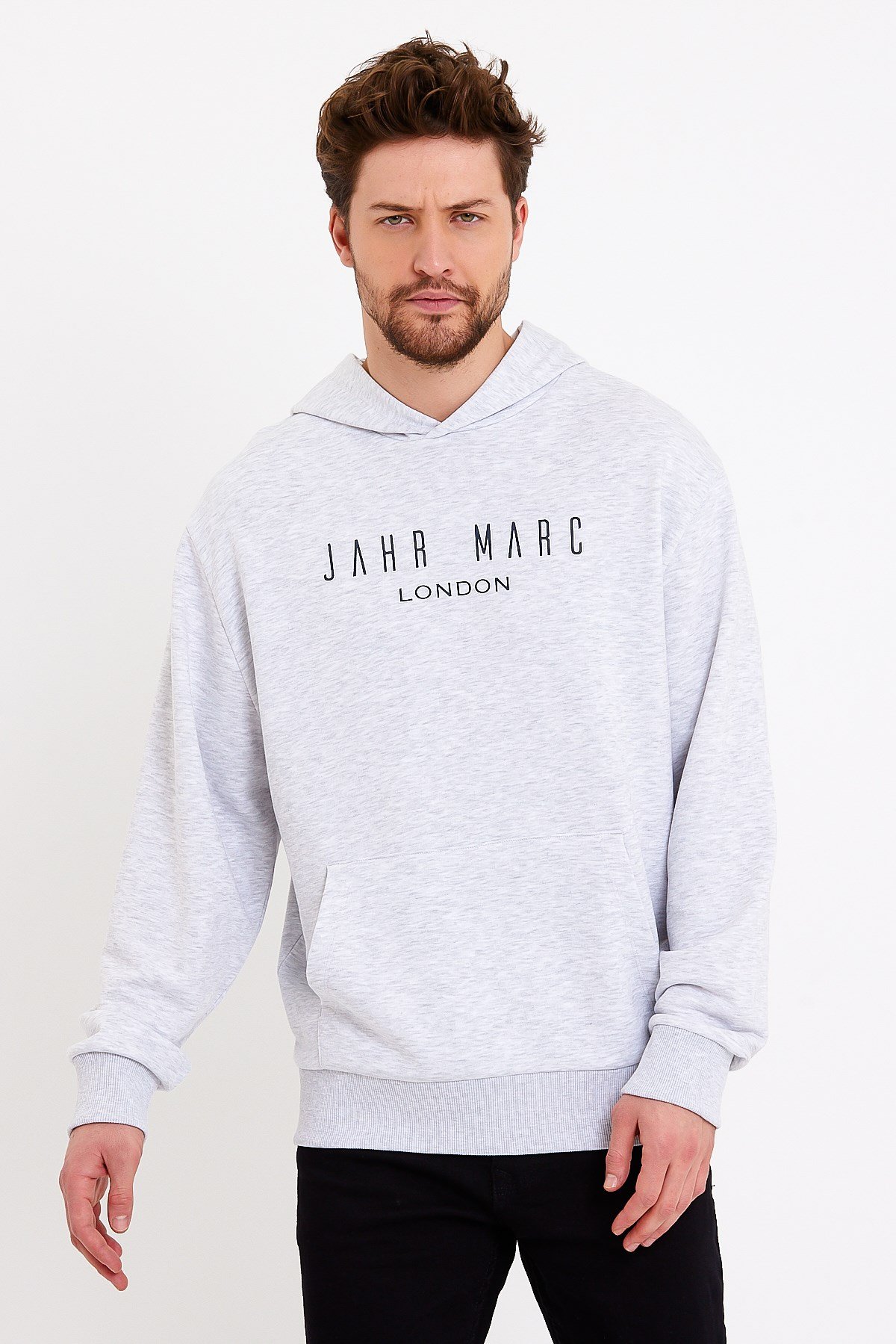 Baskılı Gri Kapüşonlu Oversize Sweatshirt