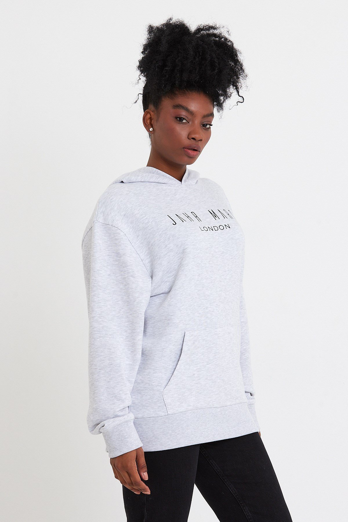 Baskılı Gri Oversize Kadın Kapüşonlu Sweatshirt