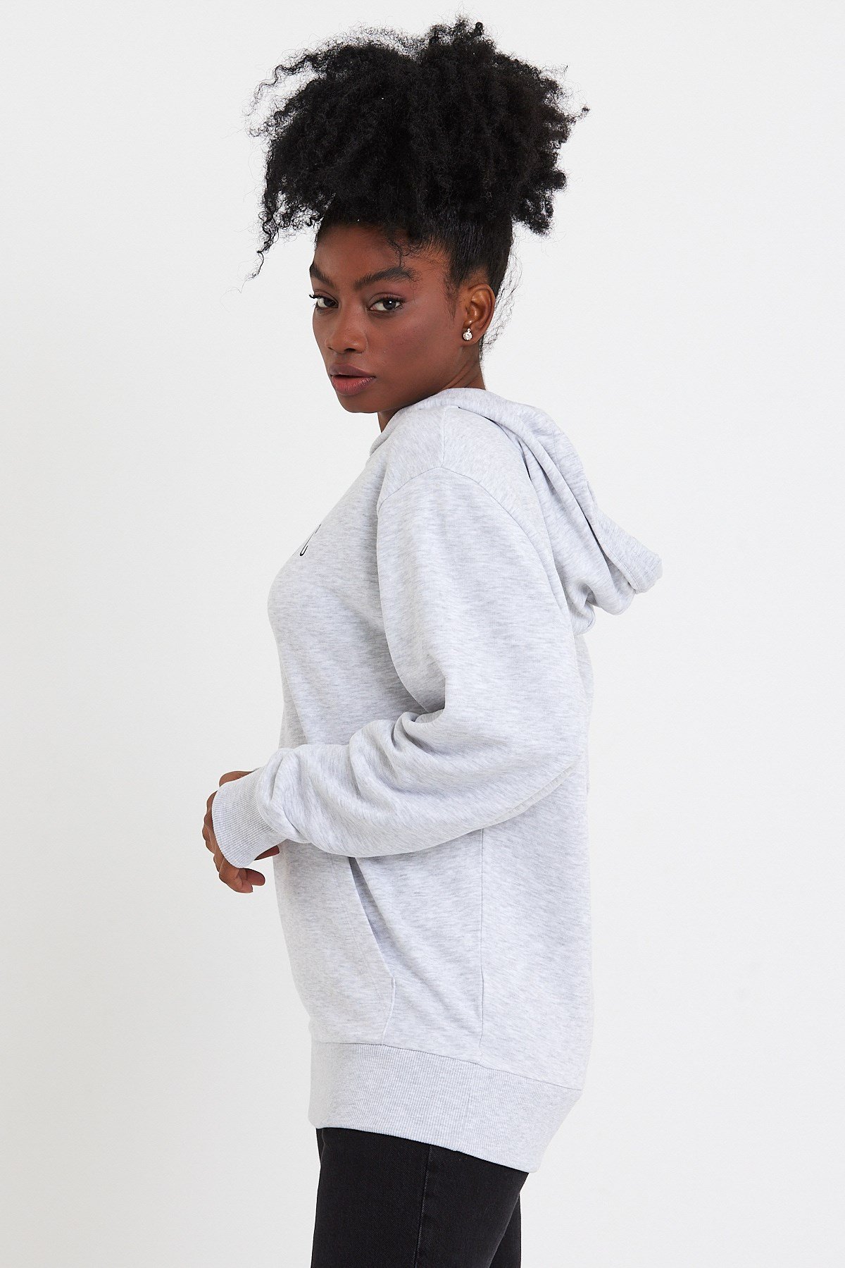 Baskılı Gri Oversize Kadın Kapüşonlu Sweatshirt