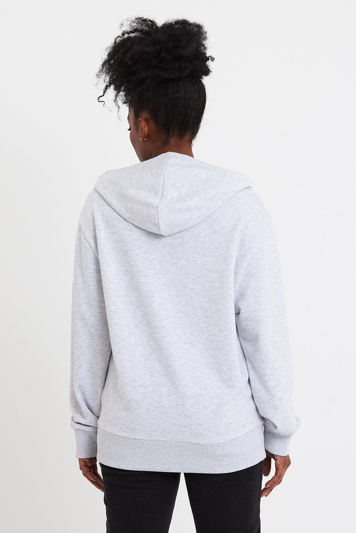Baskılı Gri Oversize Kadın Kapüşonlu Sweatshirt