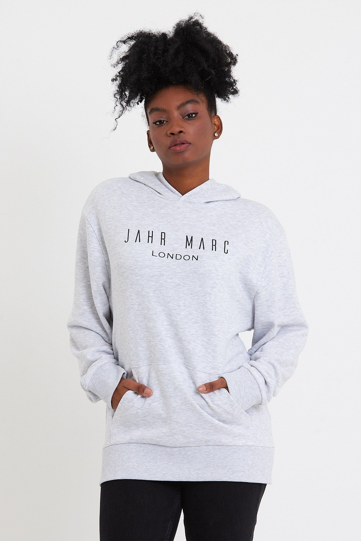 Baskılı Gri Oversize Kadın Kapüşonlu Sweatshirt