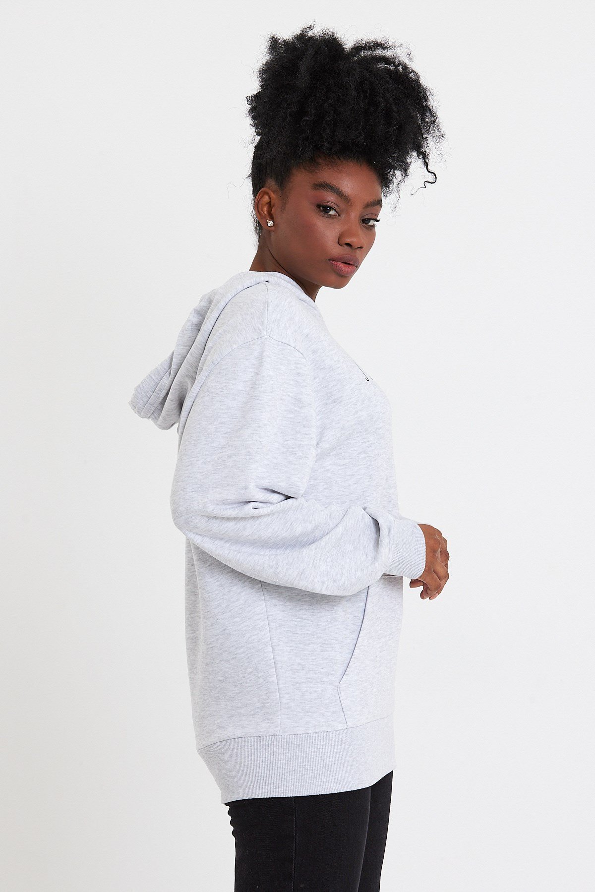 Baskılı Gri Oversize Kadın Kapüşonlu Sweatshirt