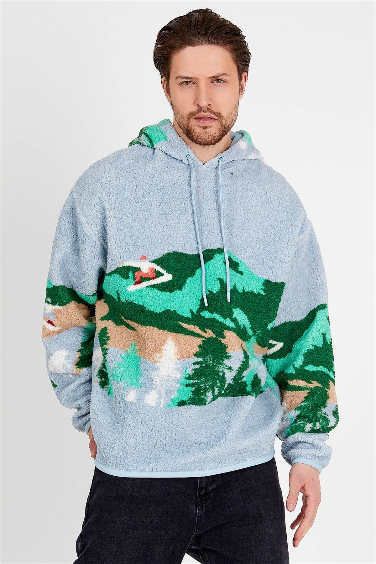 Printed Teddy Bear Sweatshirt in Blue with Hood