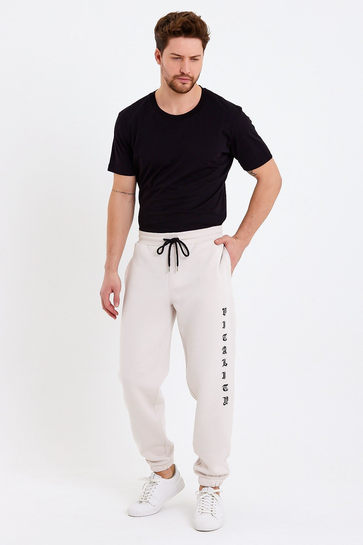 Baskılı Oversize Krem Erkek Eşofman