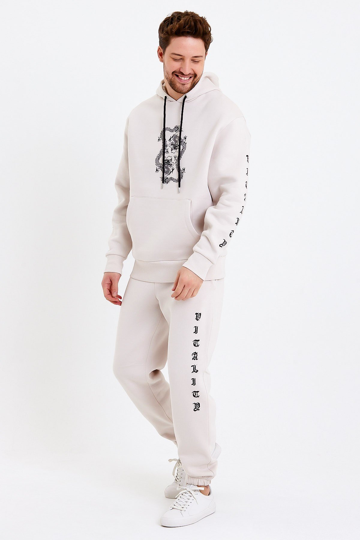 Baskılı Oversize Krem Erkek Eşofman