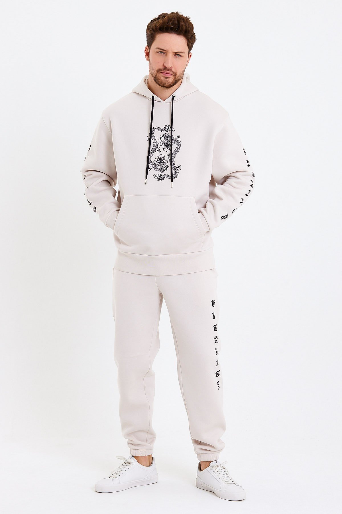 Baskılı Oversize Krem Erkek Eşofman