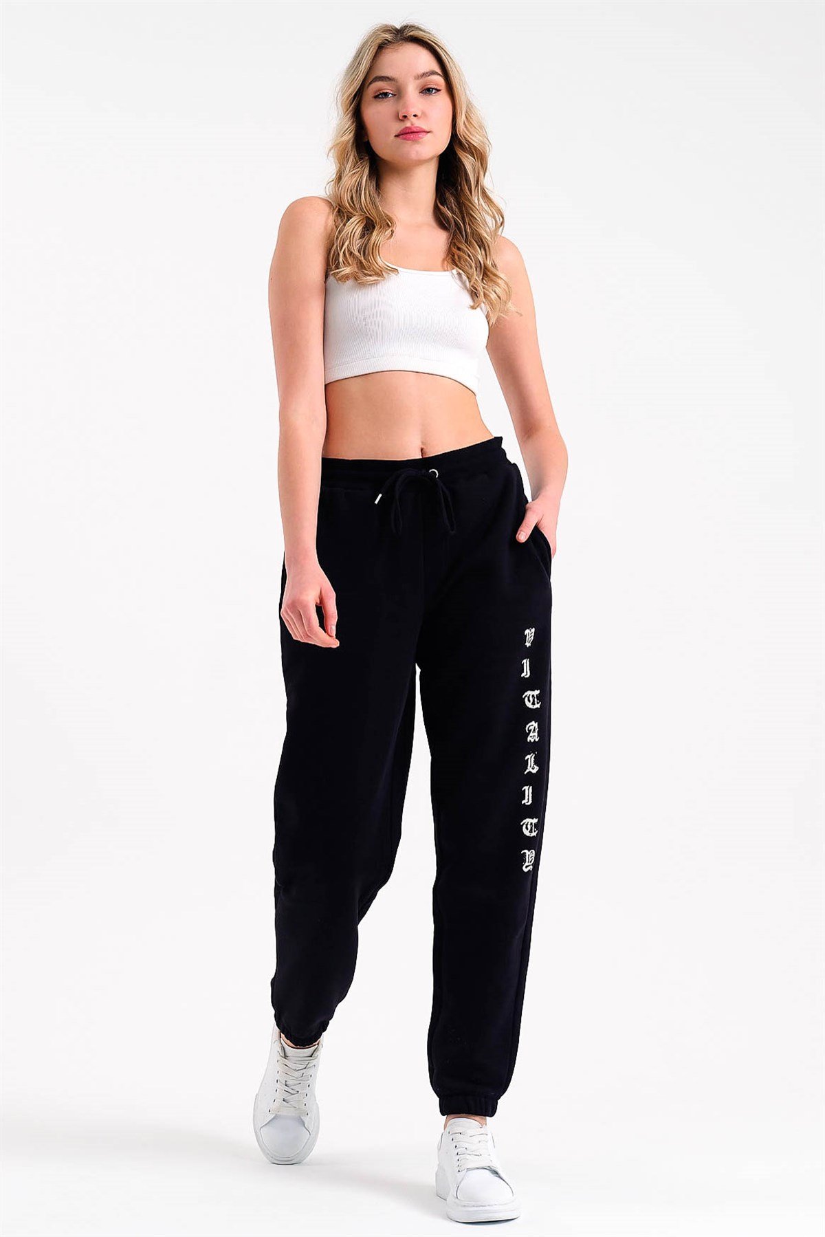 Baskılı Oversize Siyah Kadın Eşofman Altı