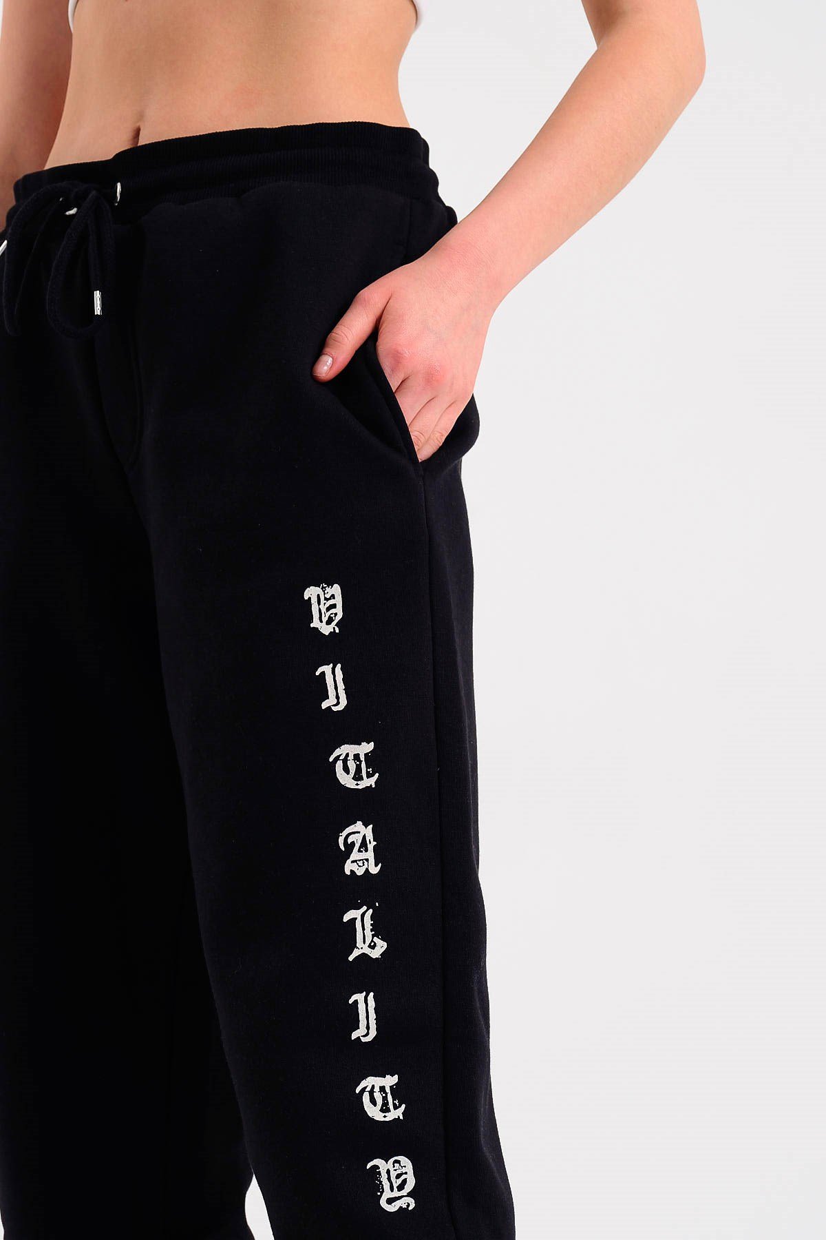 Baskılı Oversize Siyah Kadın Eşofman Altı