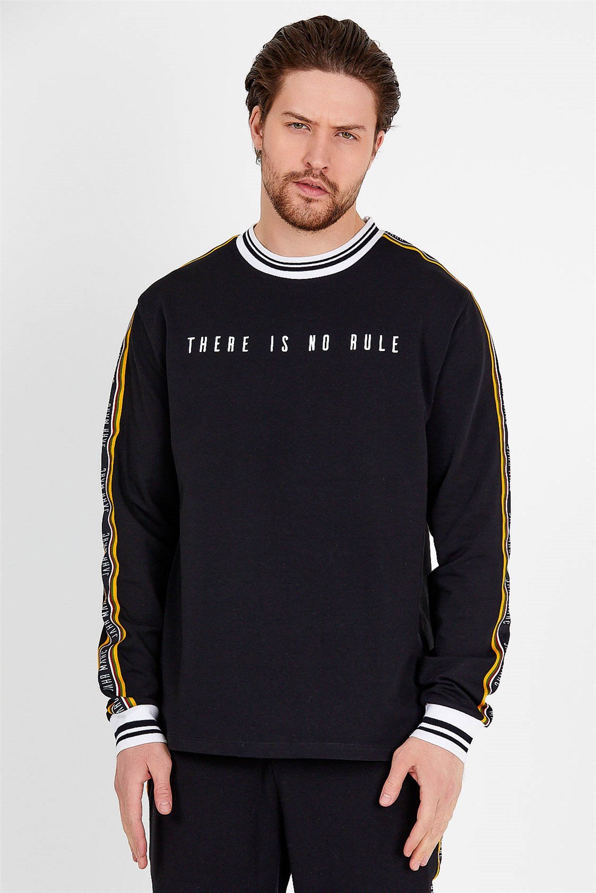 Printed Sweatshirt in Black with Colorful Shoulder Tape