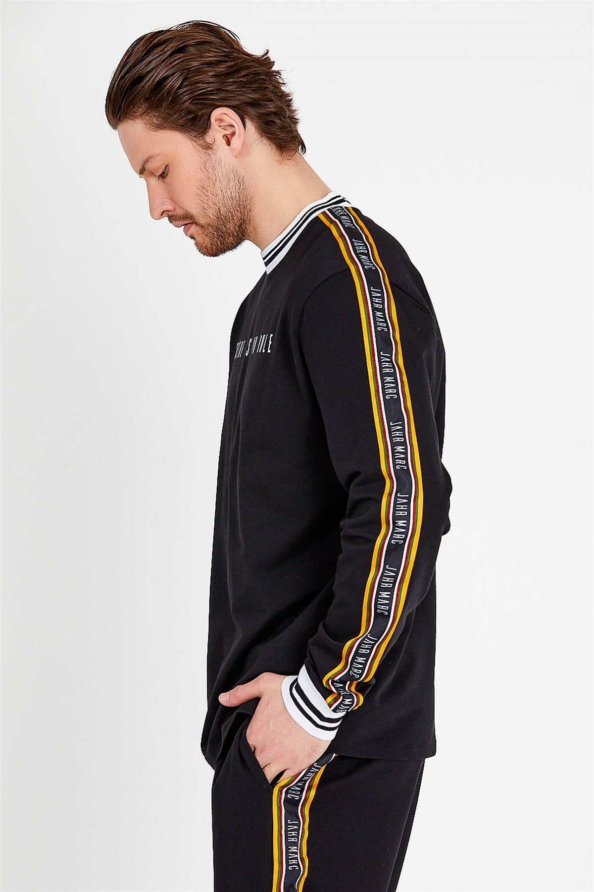 Printed Sweatshirt in Black with Colorful Shoulder Tape