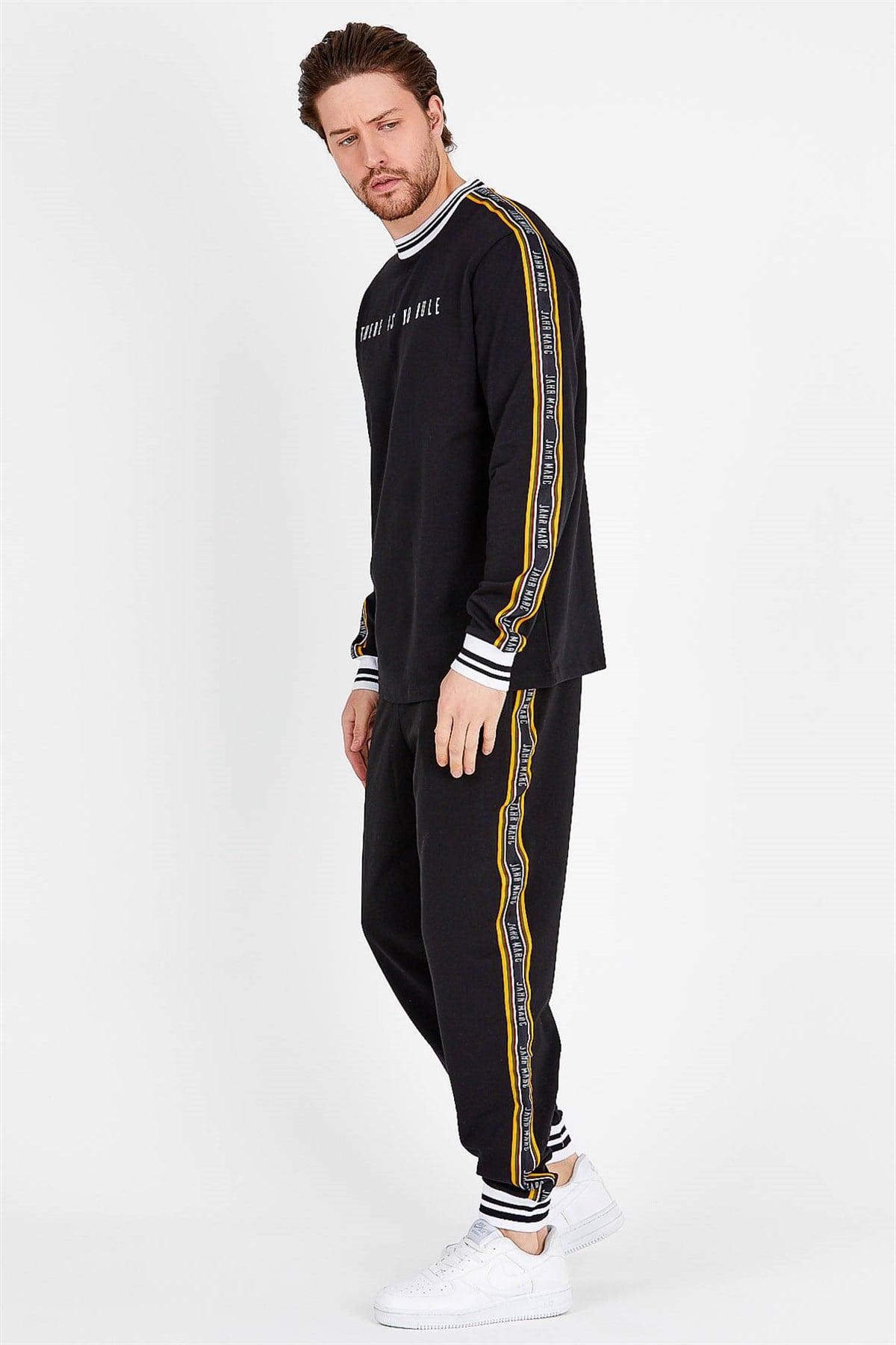 Printed Sweatshirt in Black with Colorful Shoulder Tape