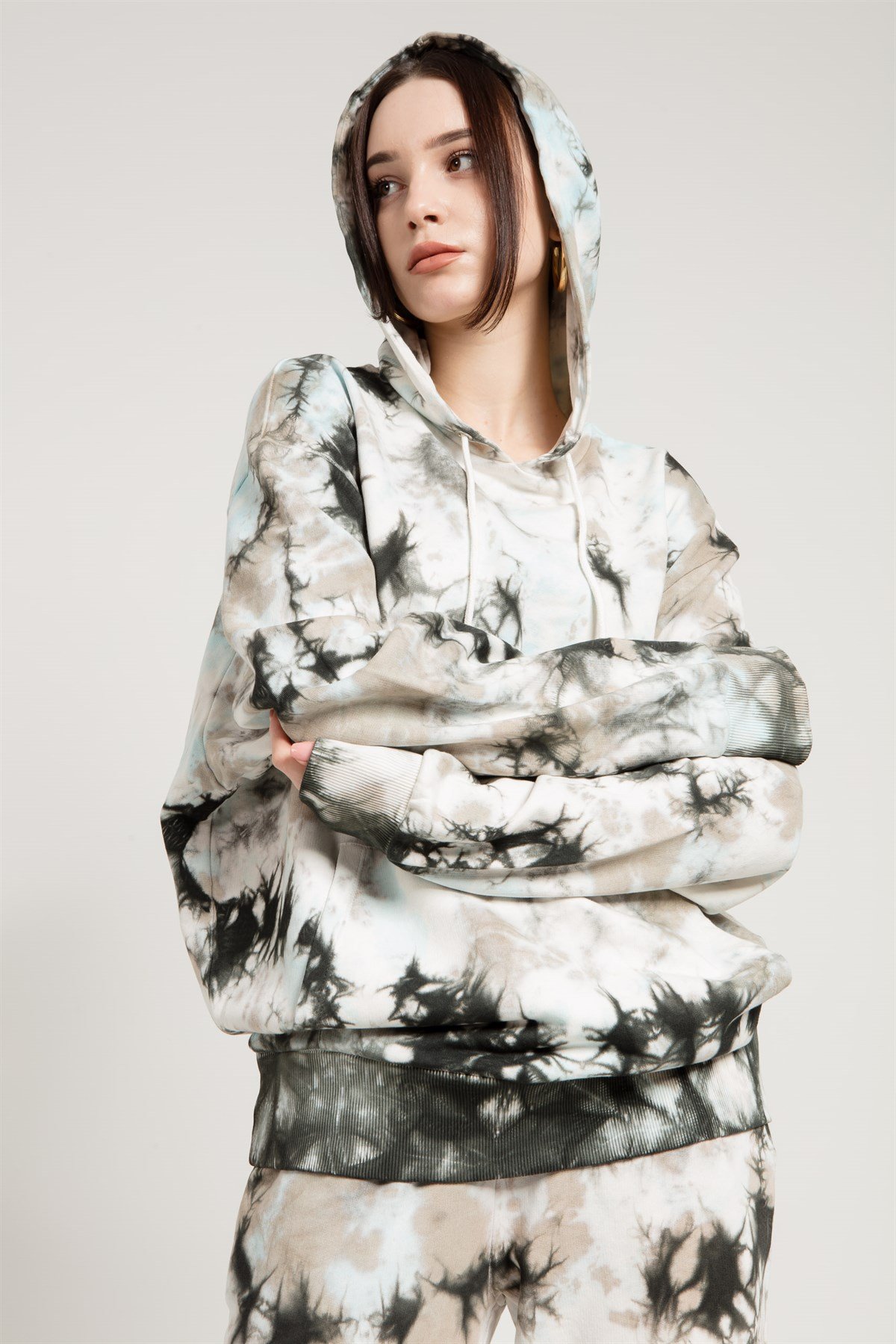 Batik Yıkamalı Gri Oversize Kapüşonlu Sweatshirt