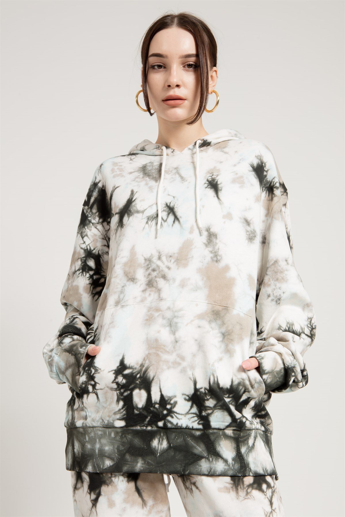 Batik Yıkamalı Gri Oversize Kapüşonlu Sweatshirt