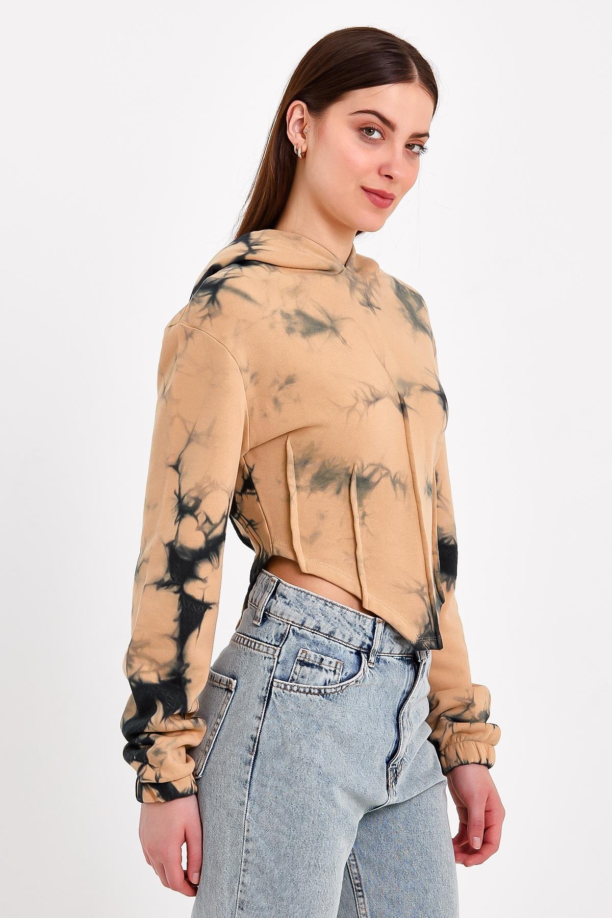 Batik Yıkamalı Korse Detaylı Kahverengi Crop Fit Sweatshirt