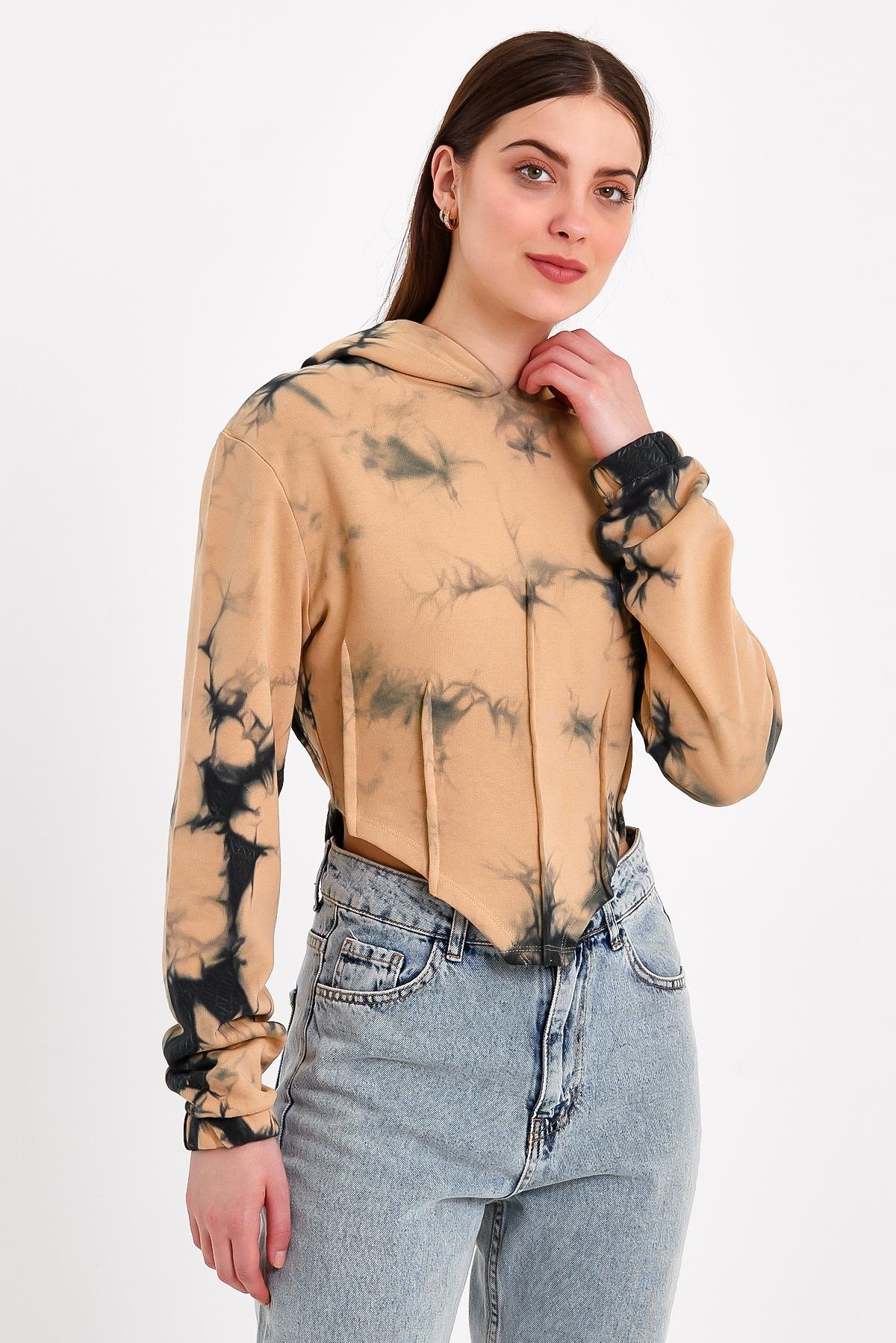 Batik Yıkamalı Korse Detaylı Kahverengi Crop Fit Sweatshirt