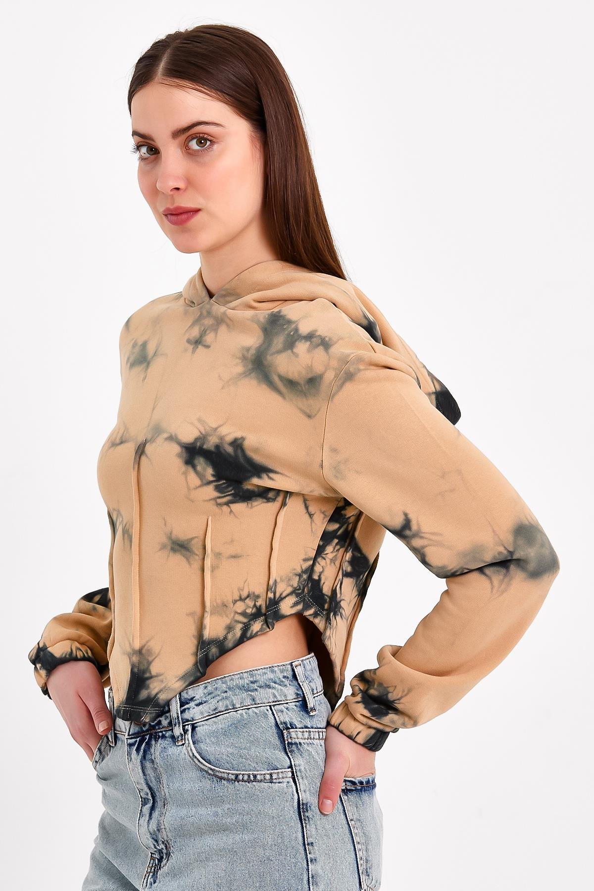 Batik Yıkamalı Korse Detaylı Kahverengi Crop Fit Sweatshirt