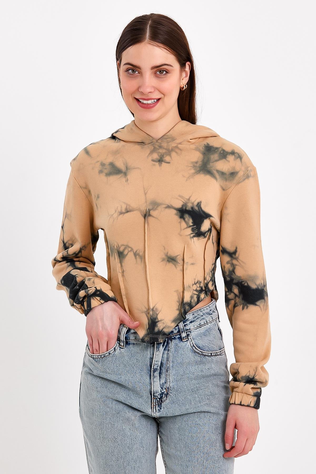 Batik Yıkamalı Korse Detaylı Kahverengi Crop Fit Sweatshirt