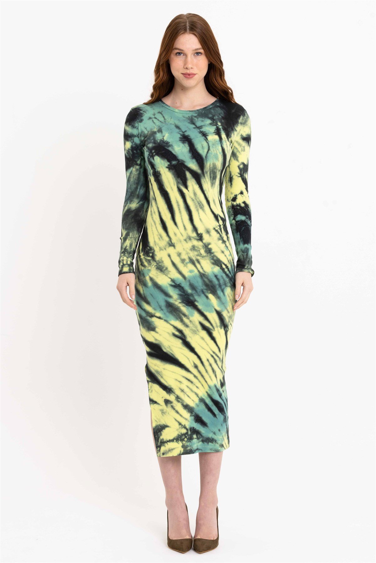 Batik Yıkamalı Yeşil Yırtmaçlı Örme Elbise