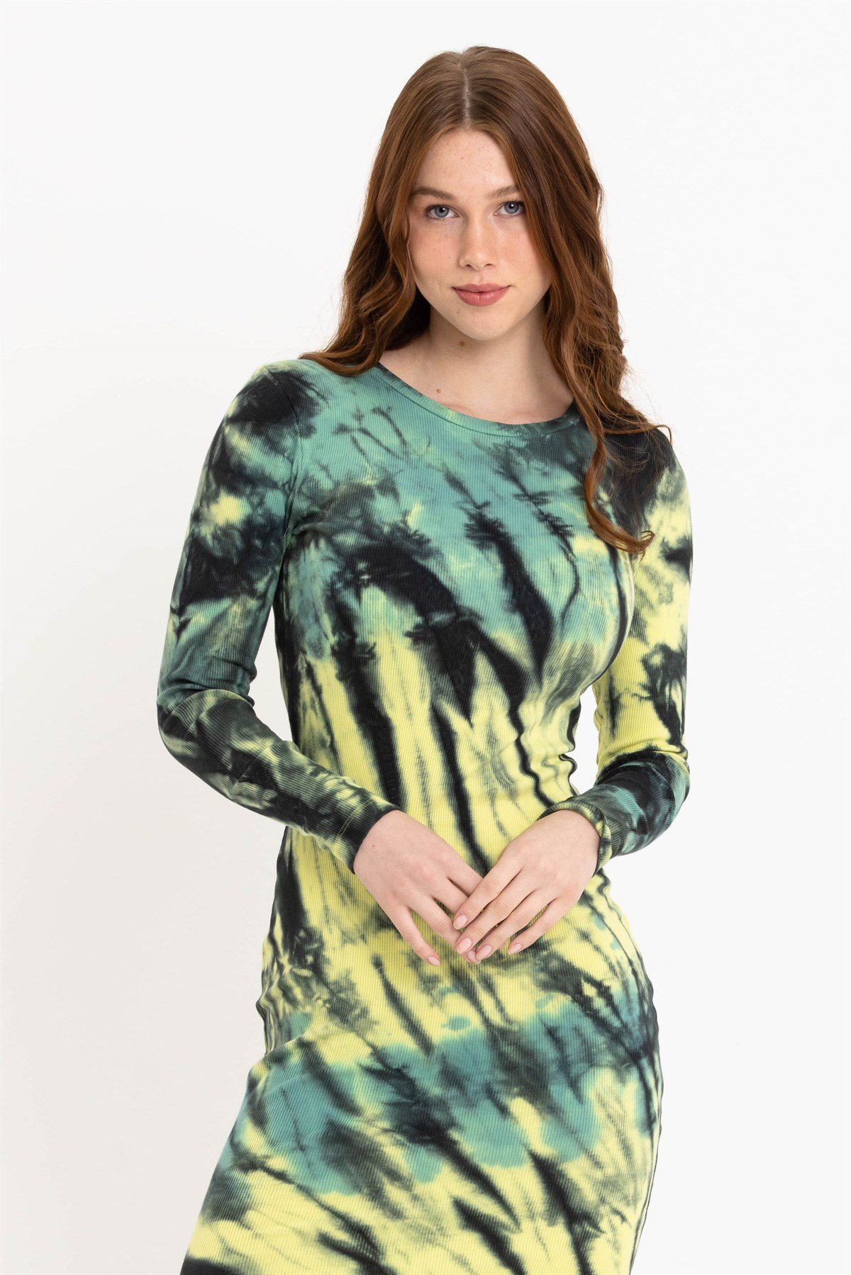 Batik Yıkamalı Yeşil Yırtmaçlı Örme Elbise