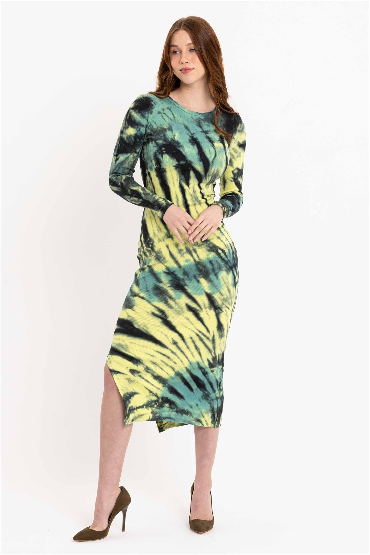 Batik Yıkamalı Yeşil Yırtmaçlı Örme Elbise