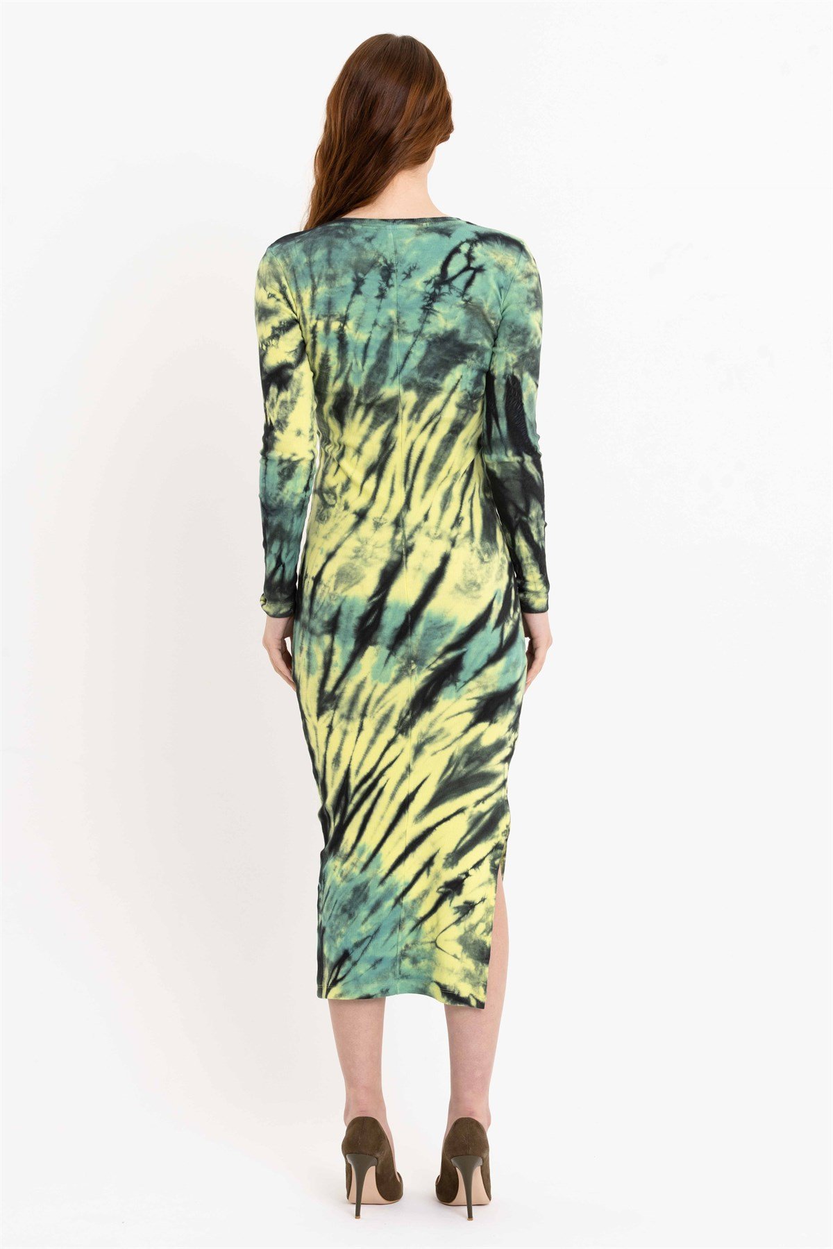 Batik Yıkamalı Yeşil Yırtmaçlı Örme Elbise