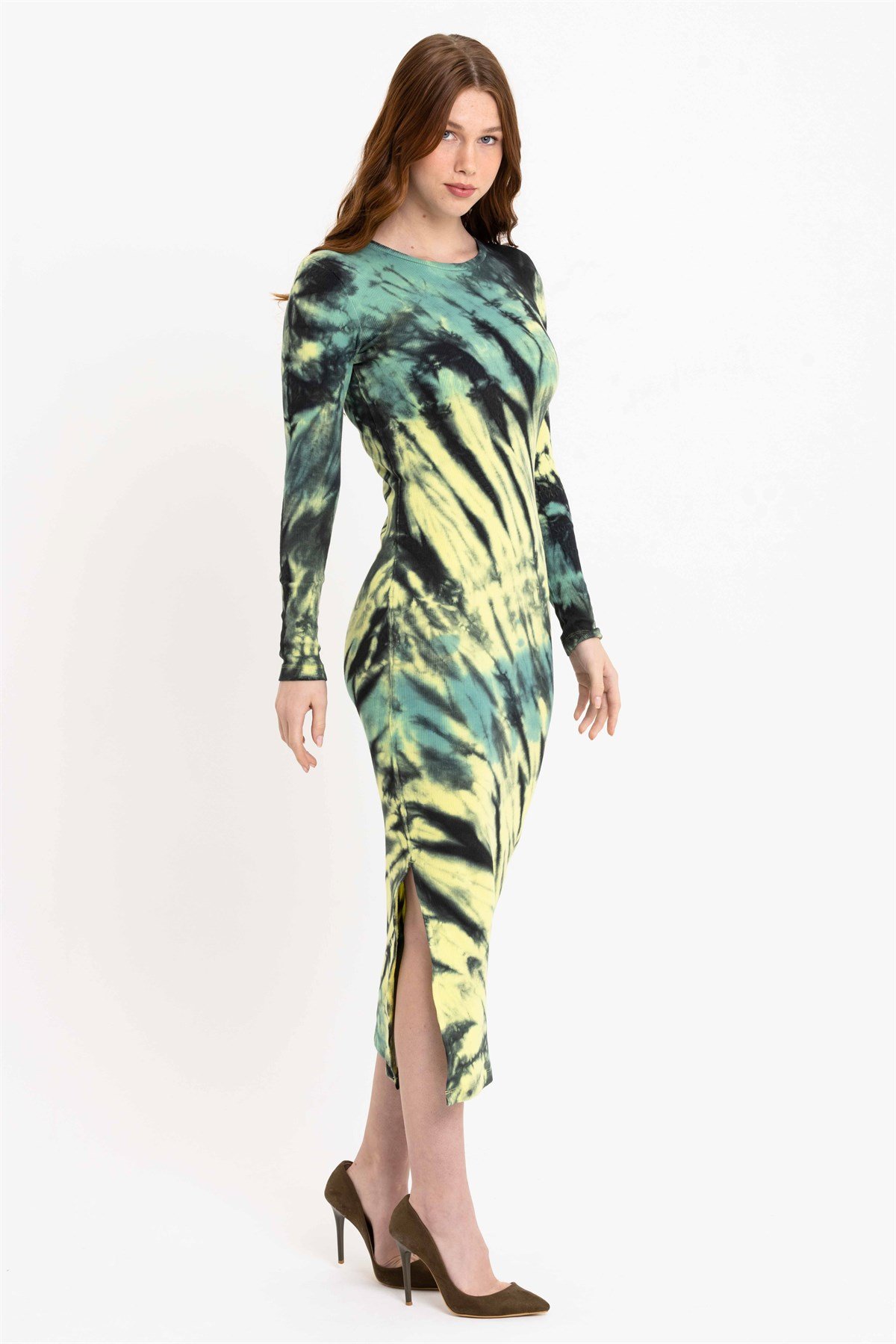 Batik Yıkamalı Yeşil Yırtmaçlı Örme Elbise