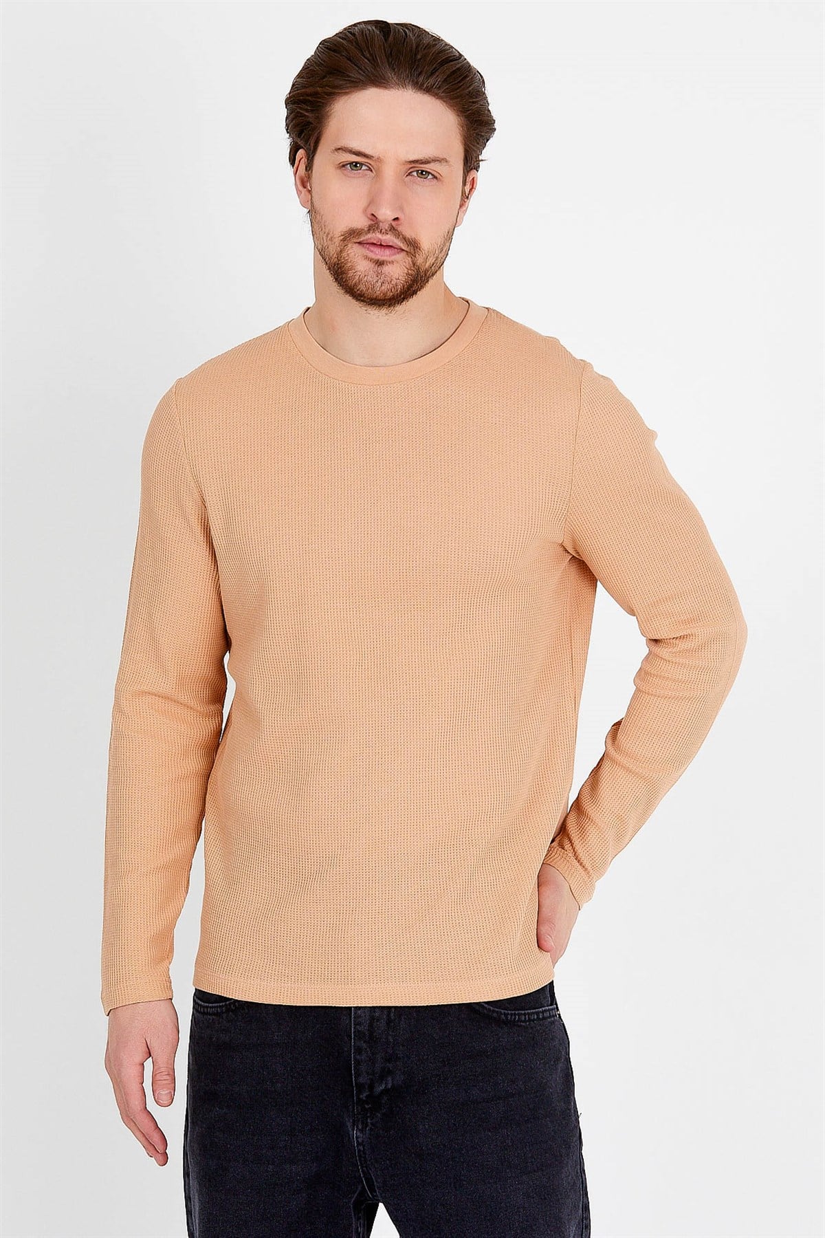 Slim Fit  T-shirt in Beige with Long Sleeves