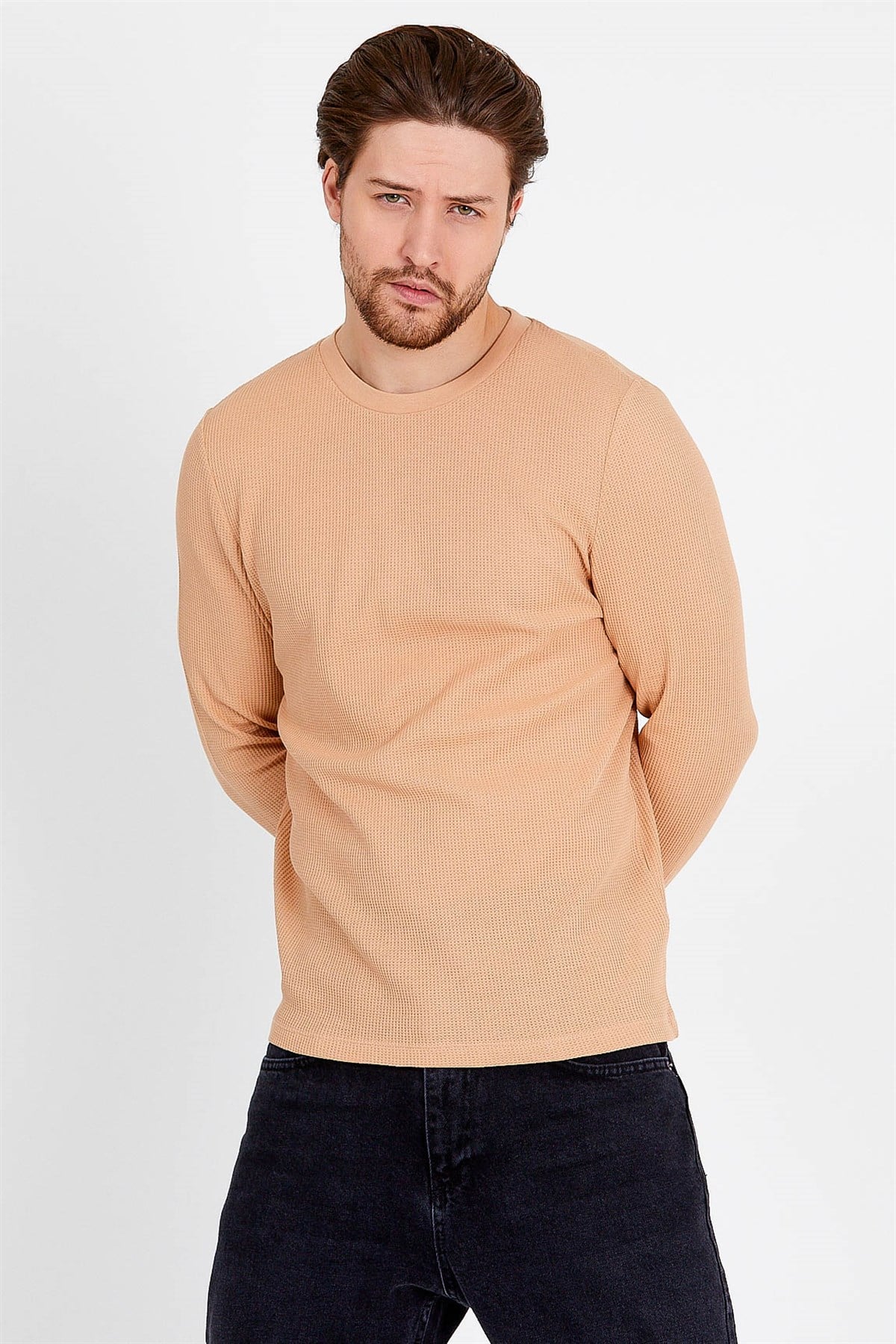 Slim Fit  T-shirt in Beige with Long Sleeves