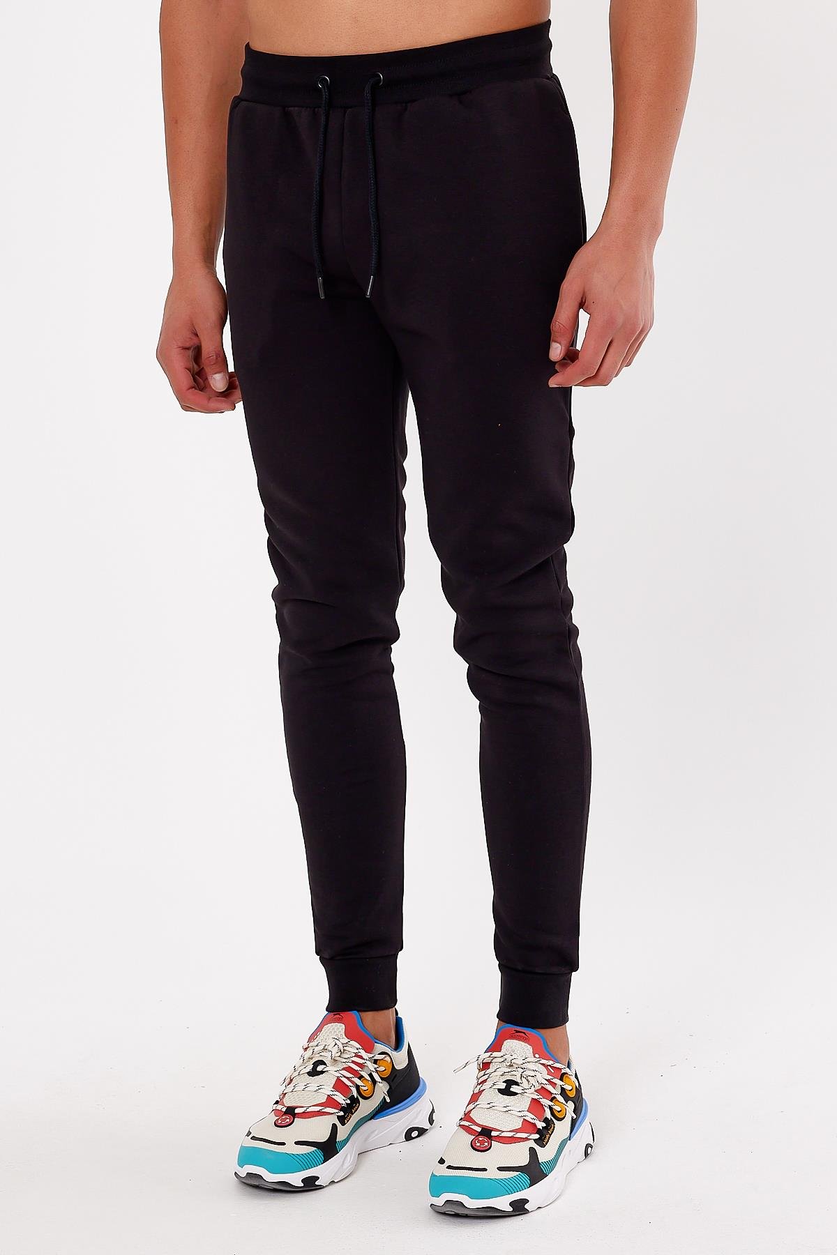 Beli Ayarlanabilir Kordonlu Siyah Erkek Eşofman Altı