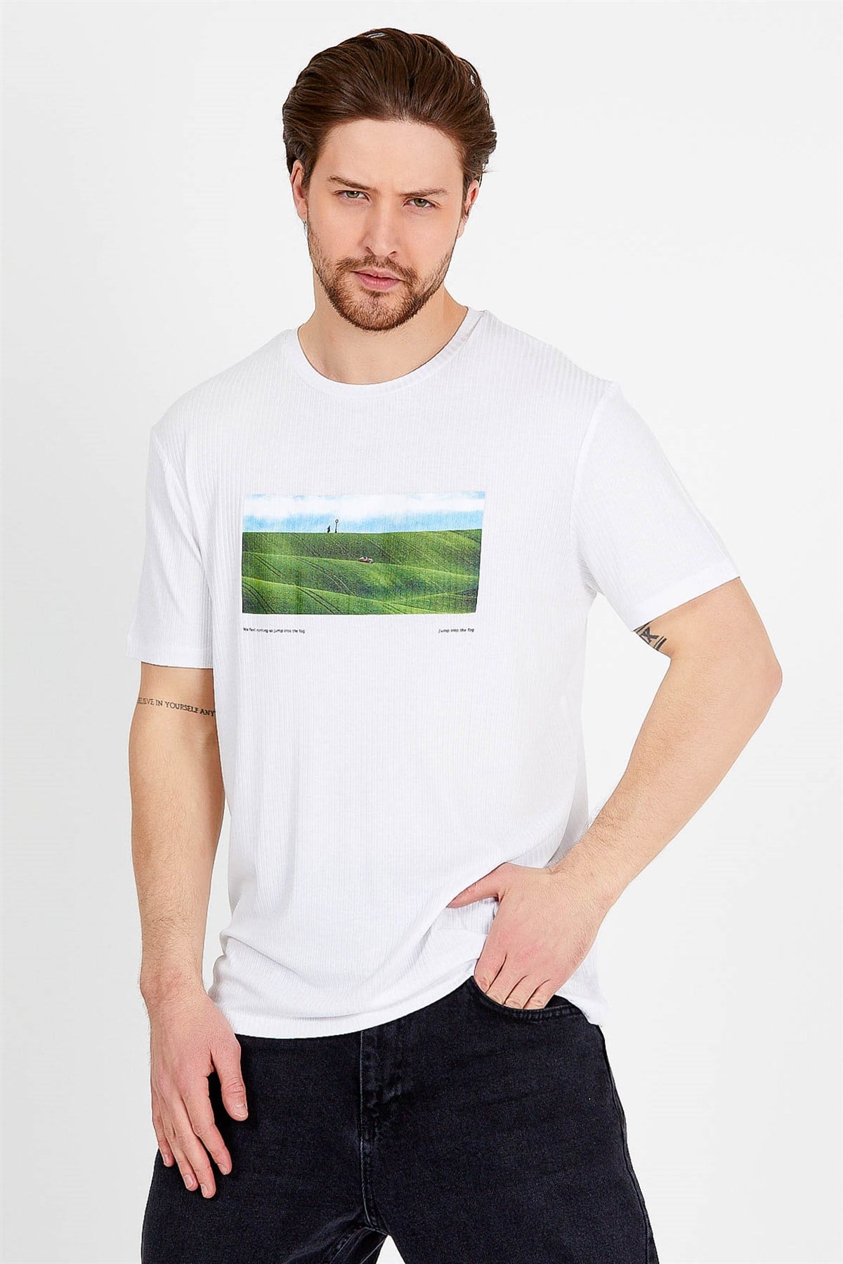 Beyaz Baskılı Basic Erkek T-shirt