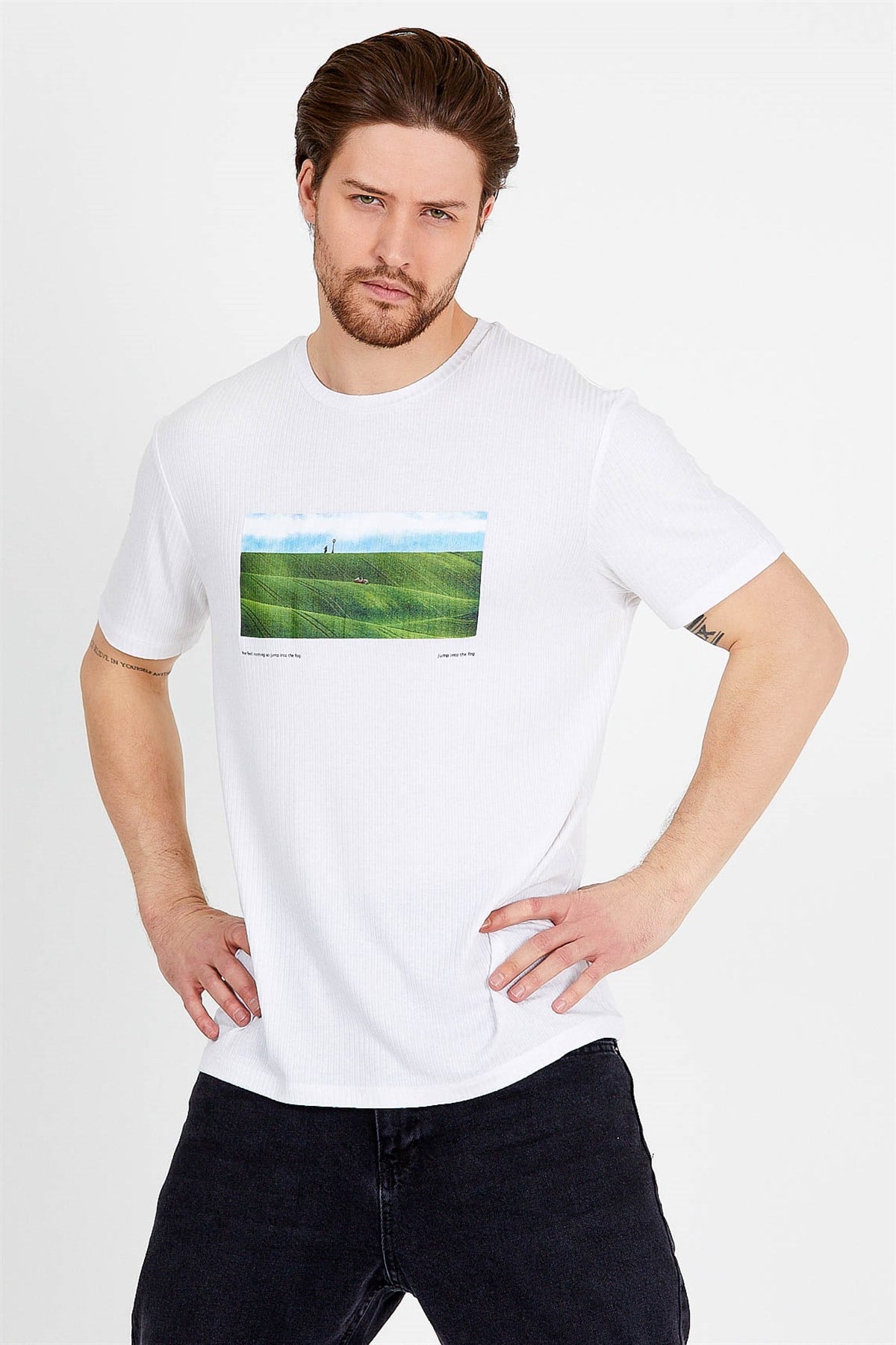 Beyaz Baskılı Basic Erkek T-shirt