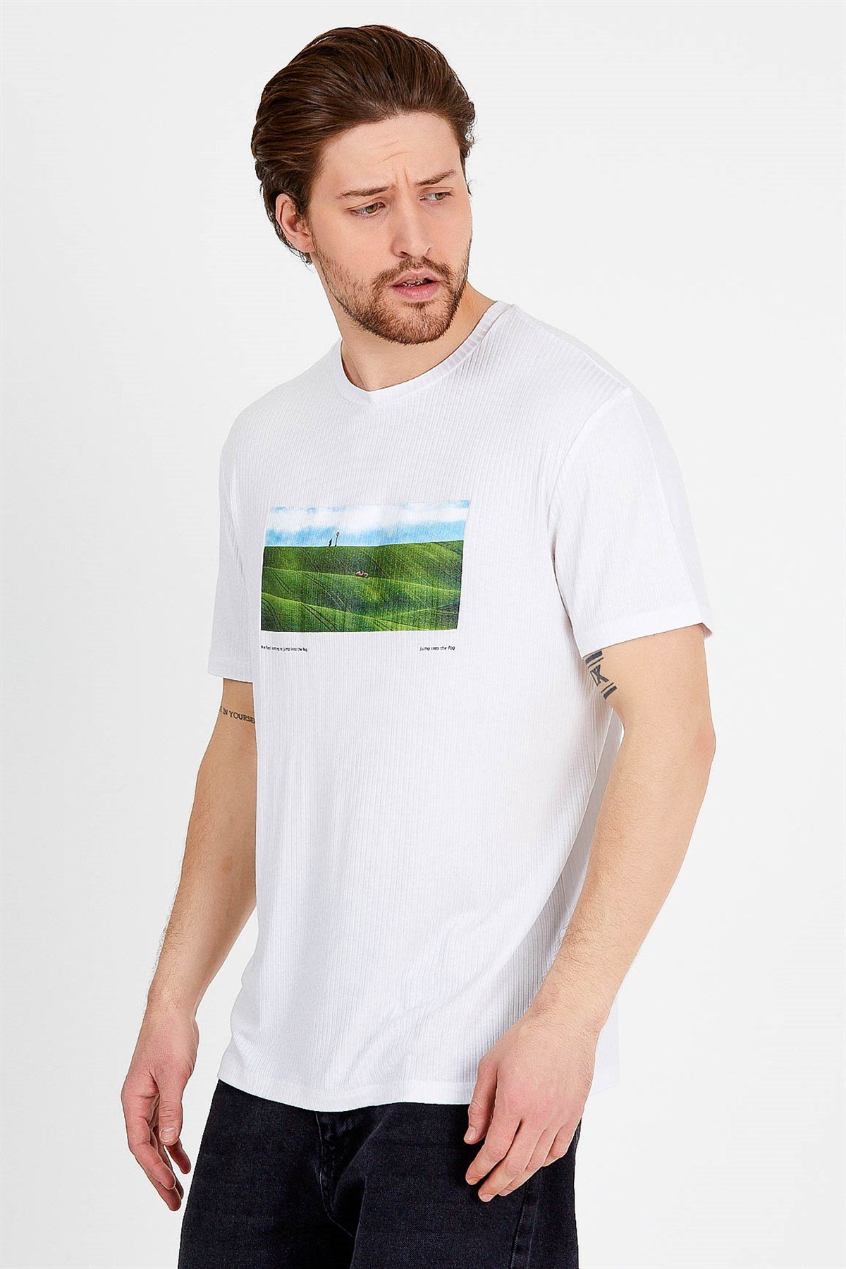 Beyaz Baskılı Basic Erkek T-shirt