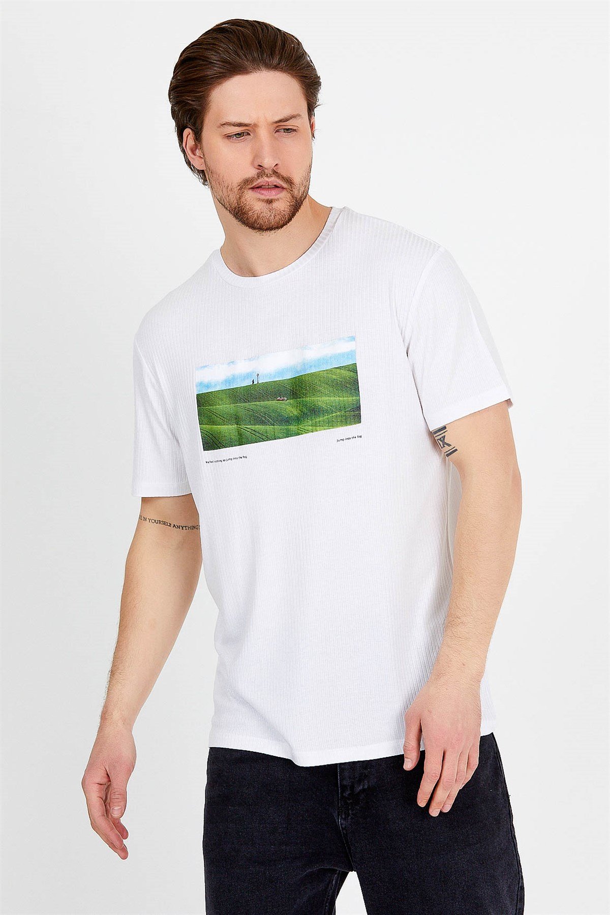 Beyaz Baskılı Basic Erkek T-shirt