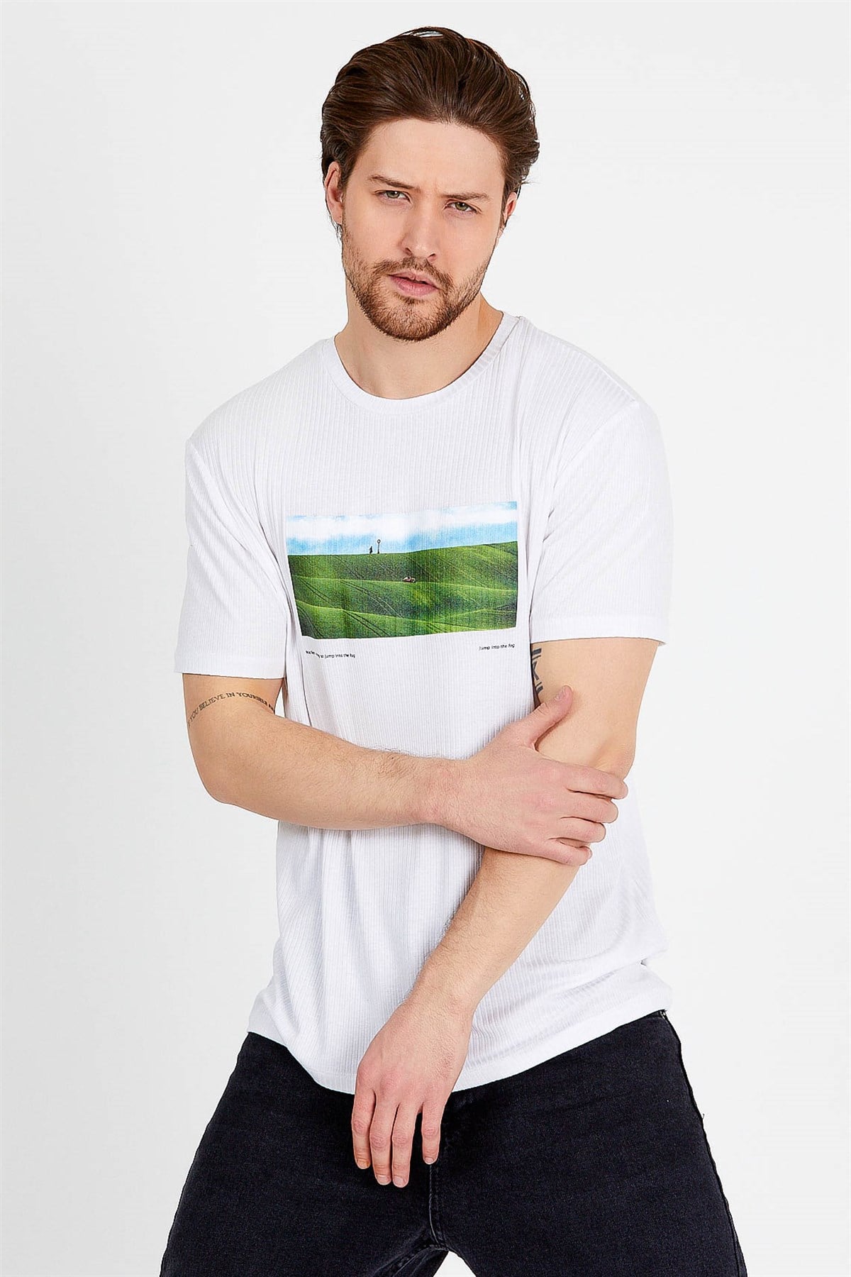 Beyaz Baskılı Basic Erkek T-shirt