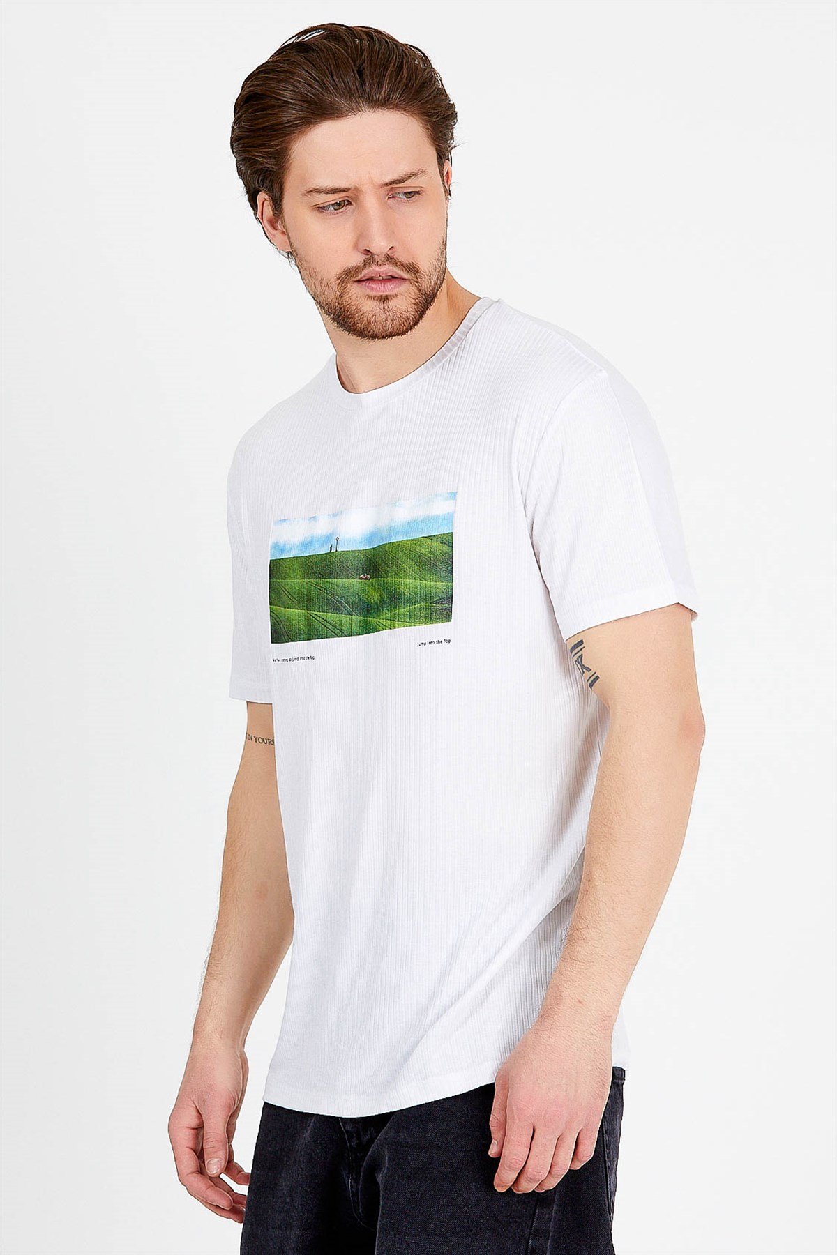 Beyaz Baskılı Basic Erkek T-shirt