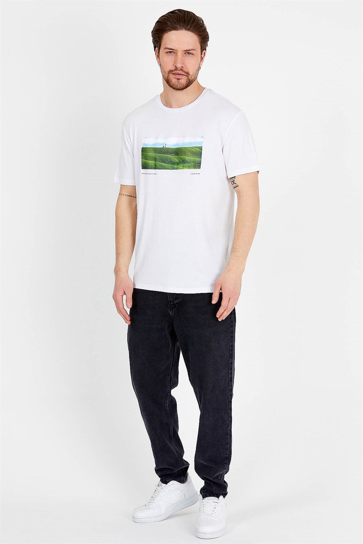Beyaz Baskılı Basic Erkek T-shirt