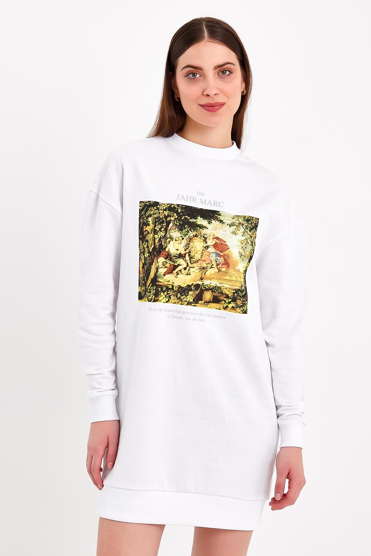 Beyaz Baskılı Mini Kadın Elbise