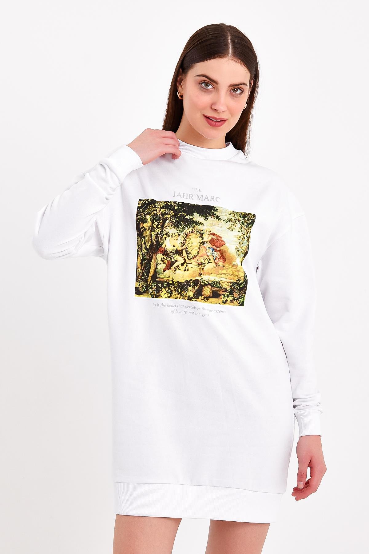 Beyaz Baskılı Mini Kadın Elbise