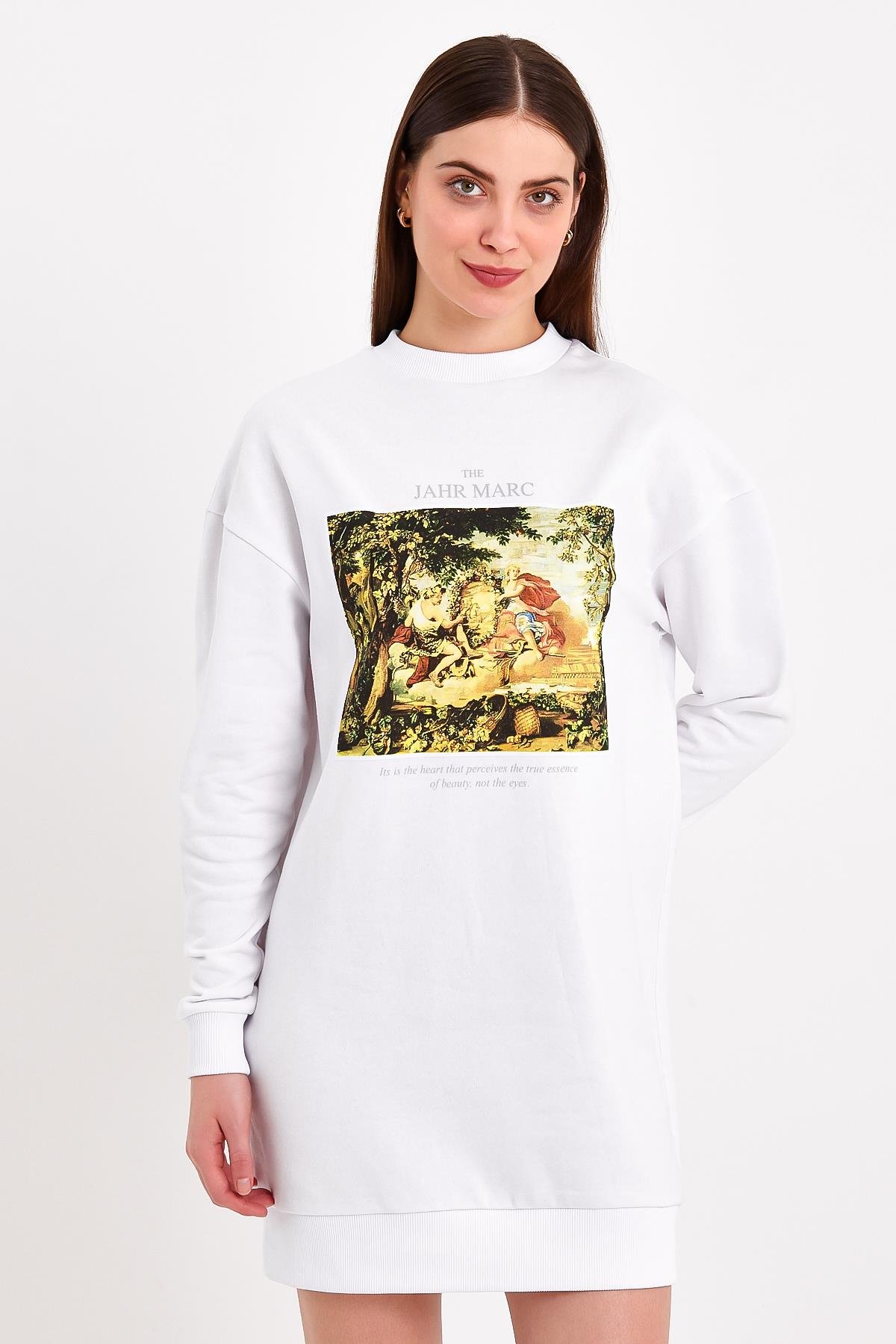 Beyaz Baskılı Mini Kadın Elbise