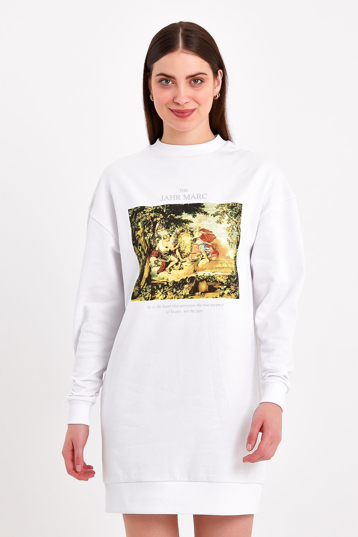 Beyaz Baskılı Mini Kadın Elbise