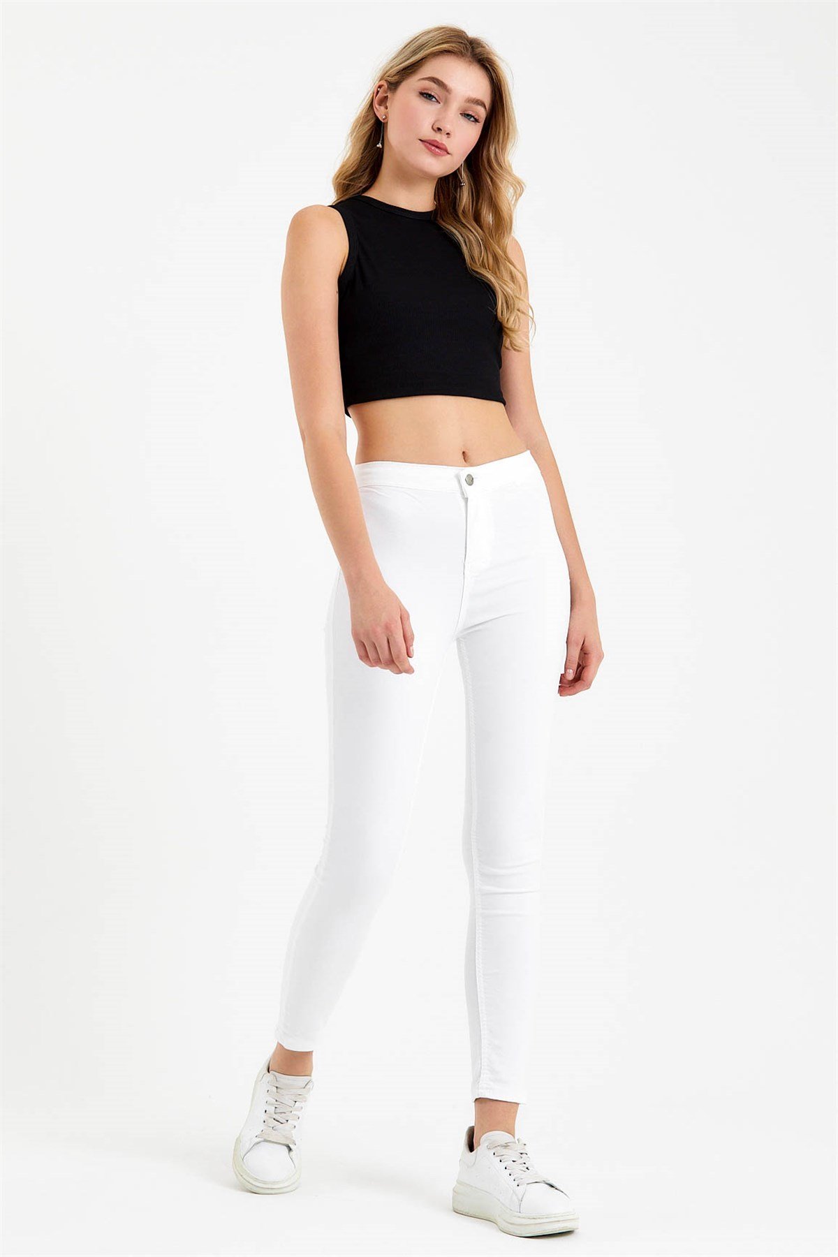 Beyaz Yüksek Bel Skinny Jean Pantolon