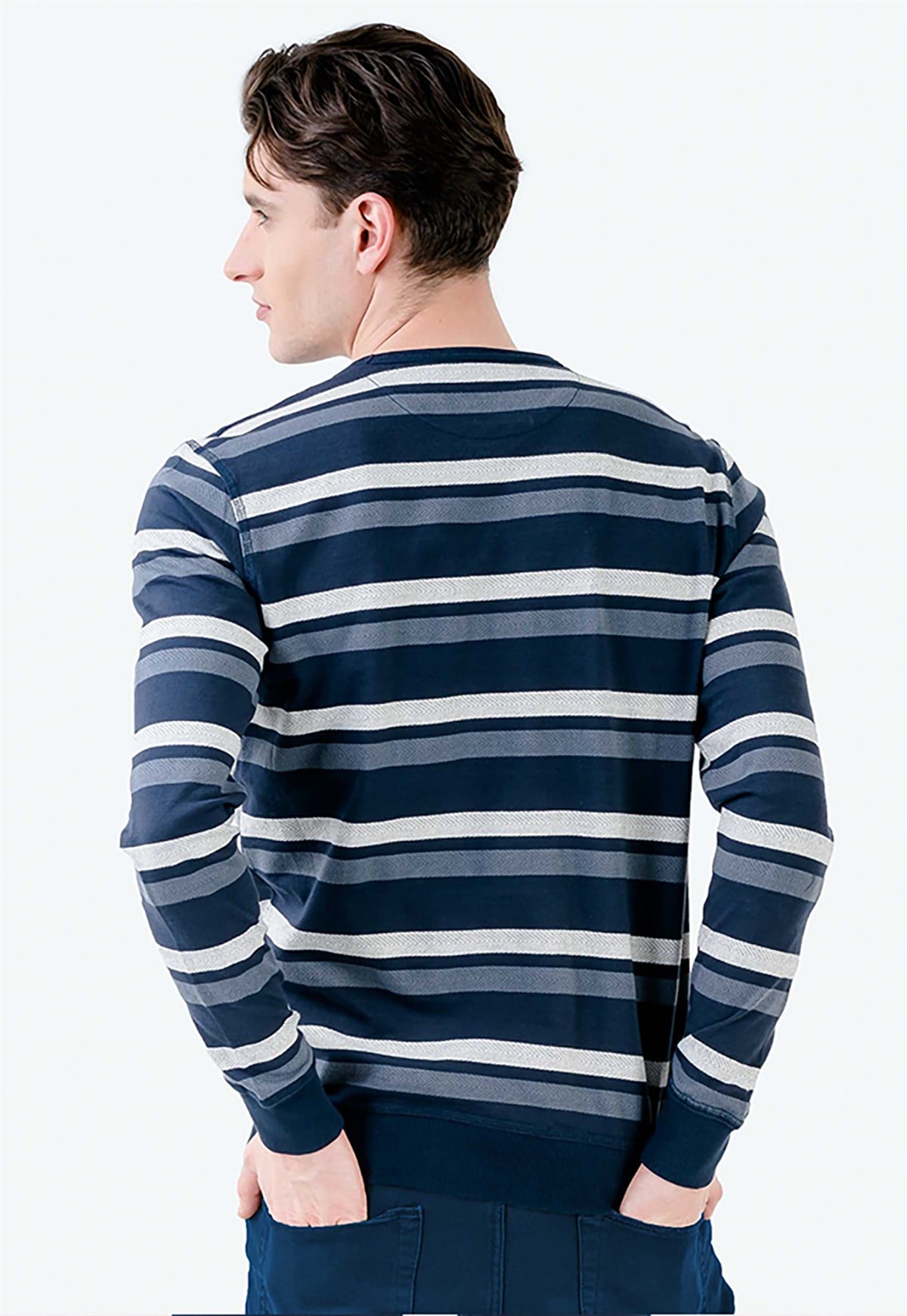 Çizgili Bisiklet Yaka Lacivert Erkek Sweatshirt