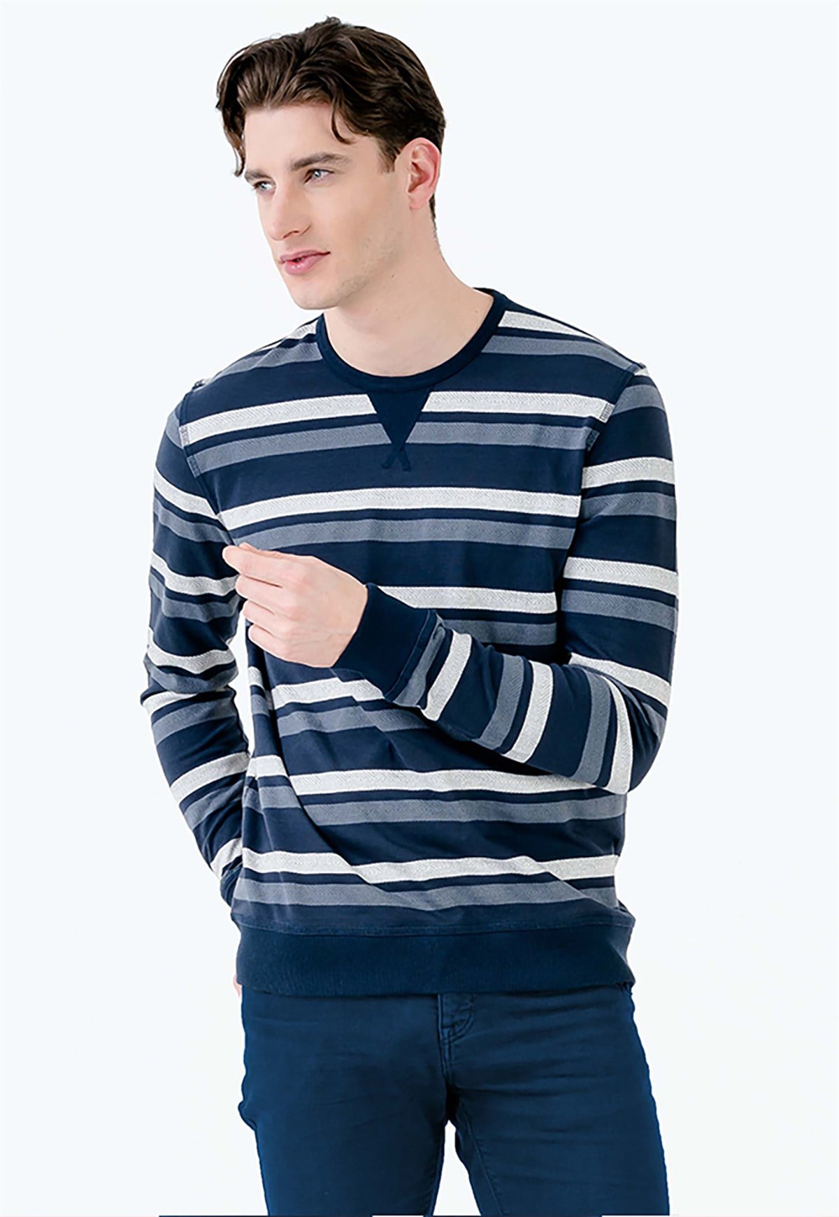 Çizgili Bisiklet Yaka Lacivert Erkek Sweatshirt